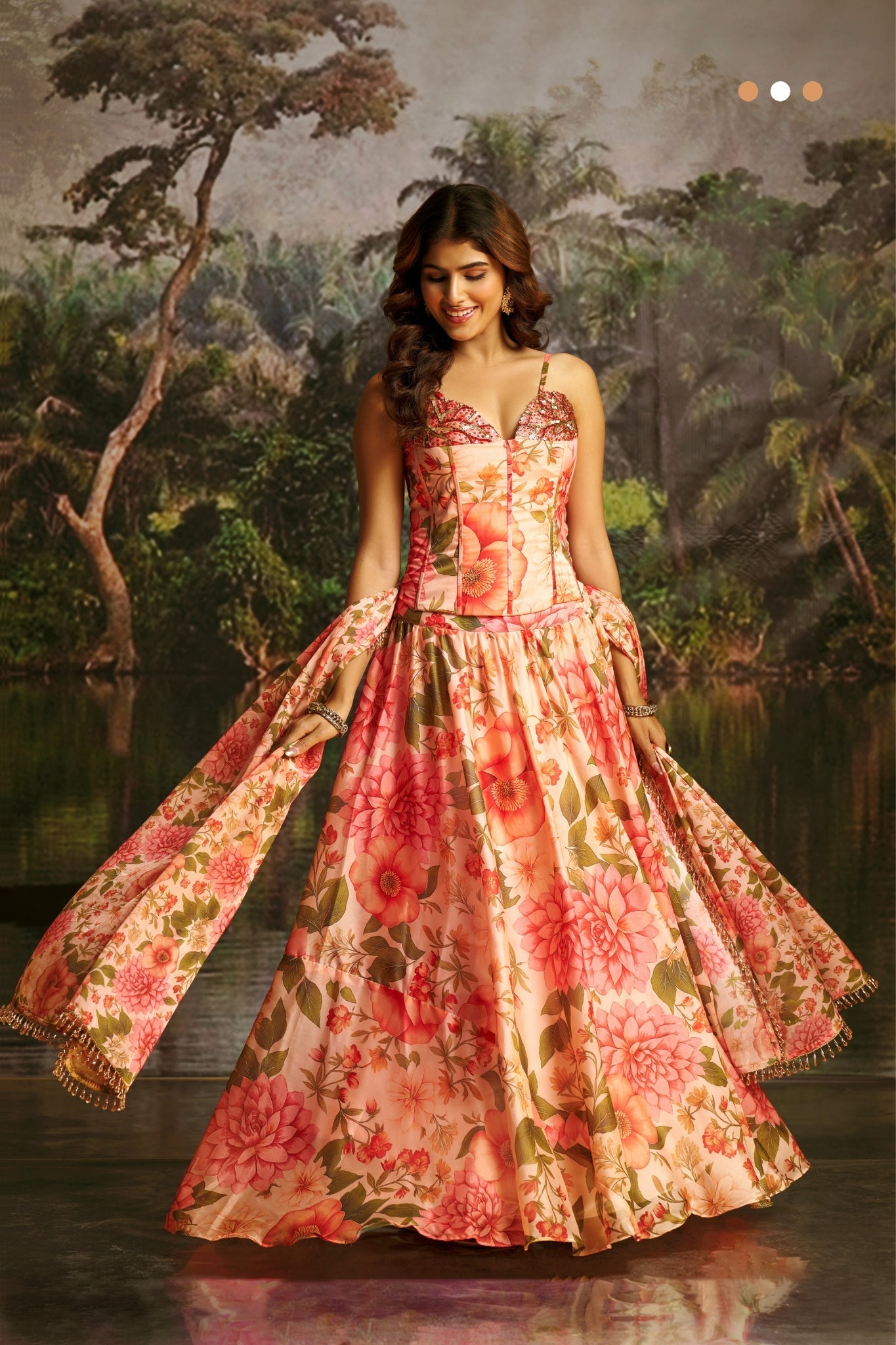 Peach Floral Handwork Corset Lehenga Choli for Women