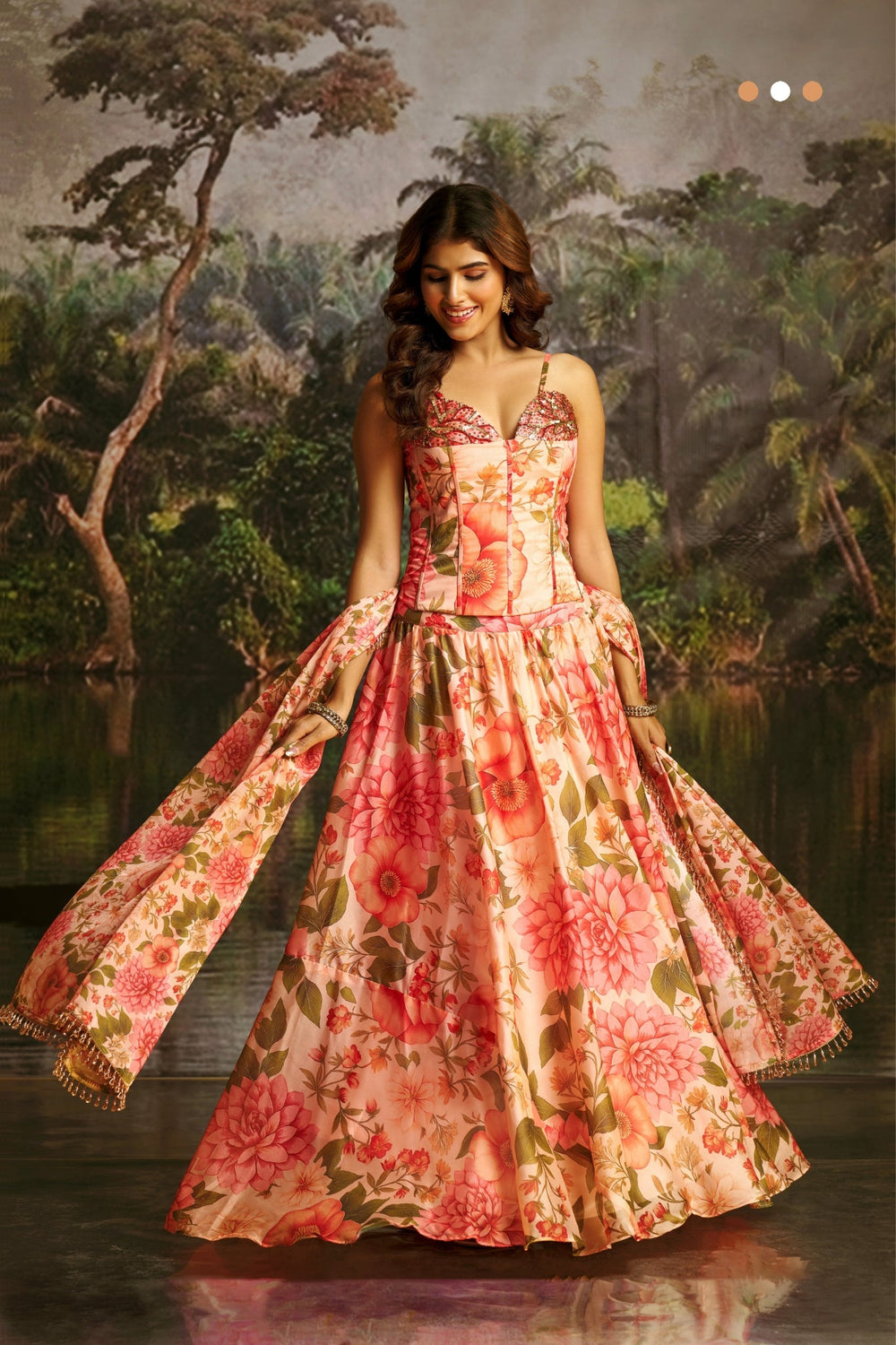 Peach Floral Handwork Corset Lehenga Choli for Women