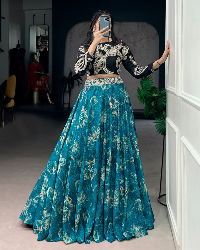 Blue Eye Catching Tussar Silk Printed Embroidered Lehenga Choli for Women