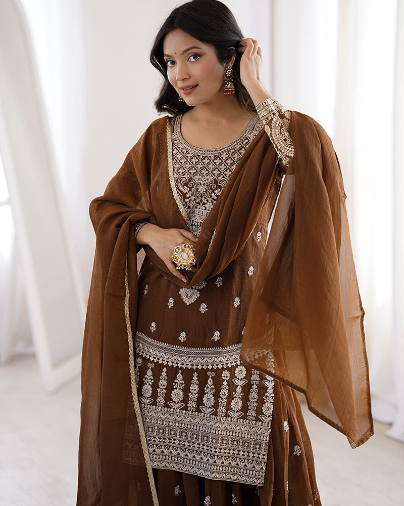 Brown Crunchy Silk Festive Sharara Suit for Women