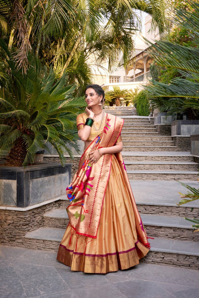 Chiku Paithani Jacquard Silk Lehenga Set with Zari Weaving Work