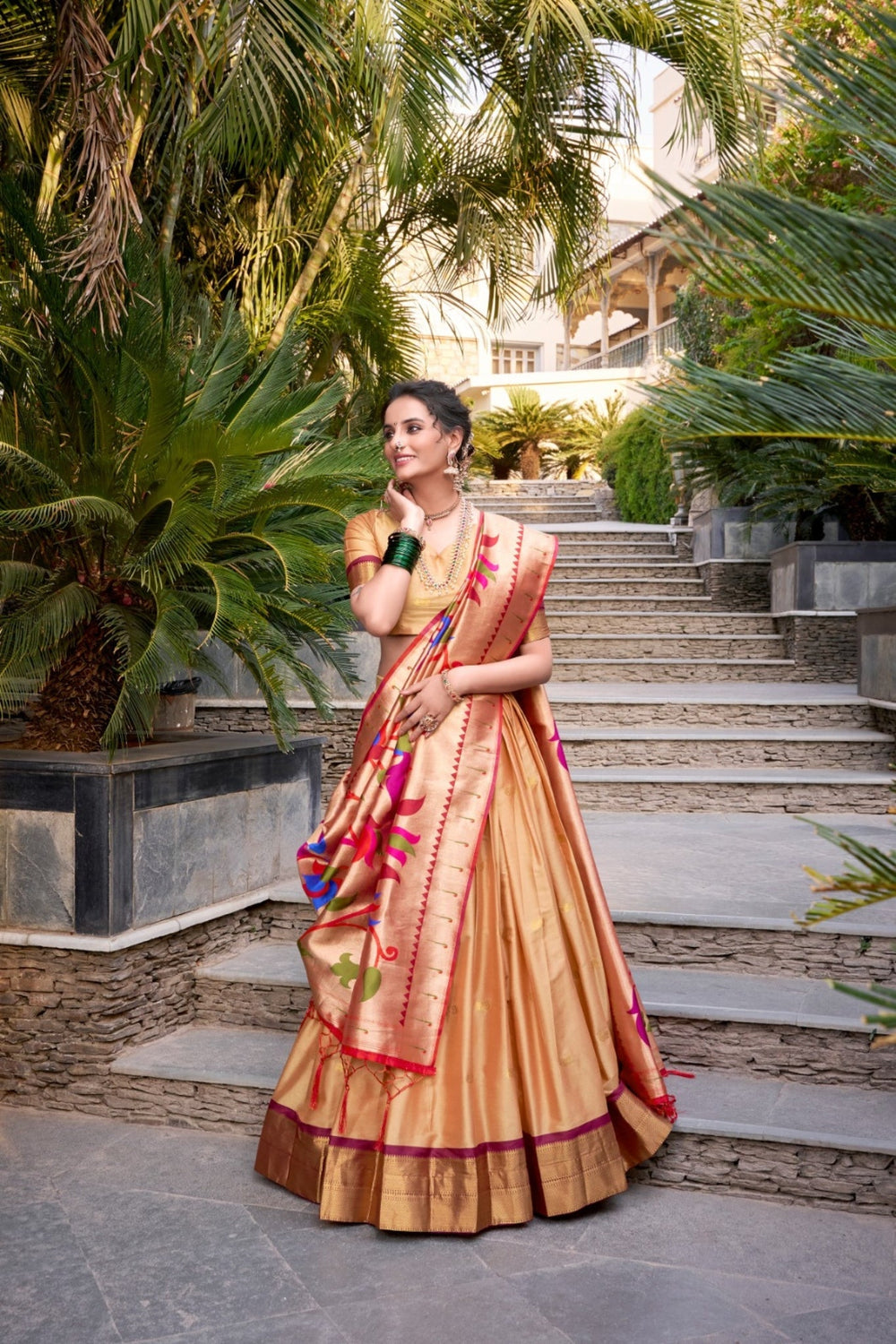 Chiku Paithani Jacquard Silk Lehenga Set with Zari Weaving Work
