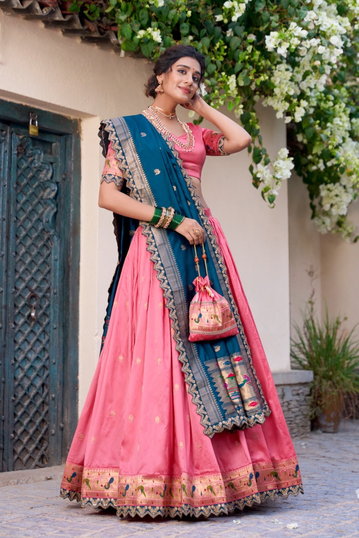 Light Pink Traditional Paithani Jacquard Sik Lehenga Set For Wedding