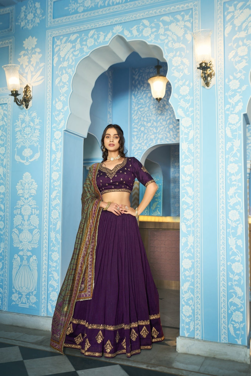 Stunning Vichitra Silk Embroidery Sequins Worked Lehenga Choli Set - Zimonza