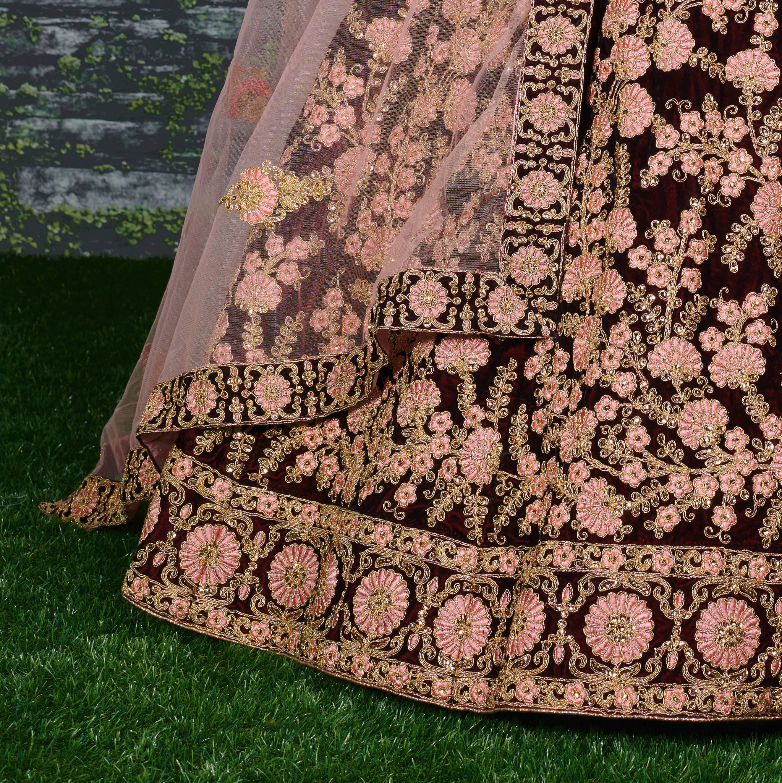 Maroon Thread Embroidered Velvet Silk Bridal Lehenga Choli and Pastel Pink Dupatta