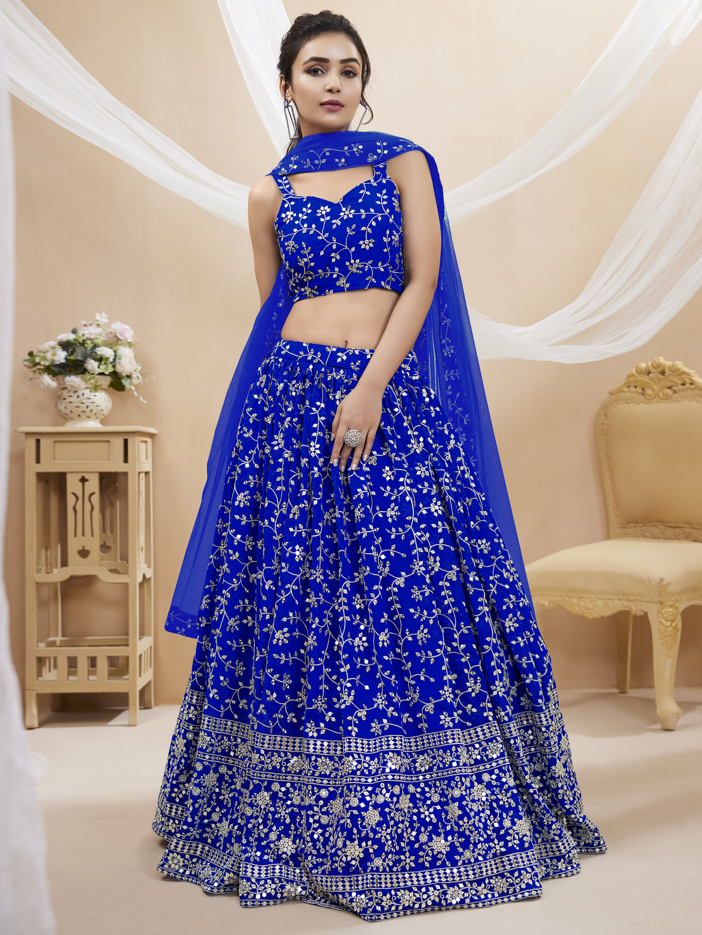 Blue Sequins Georgette Wedding Lehenga Choli Festive Collection