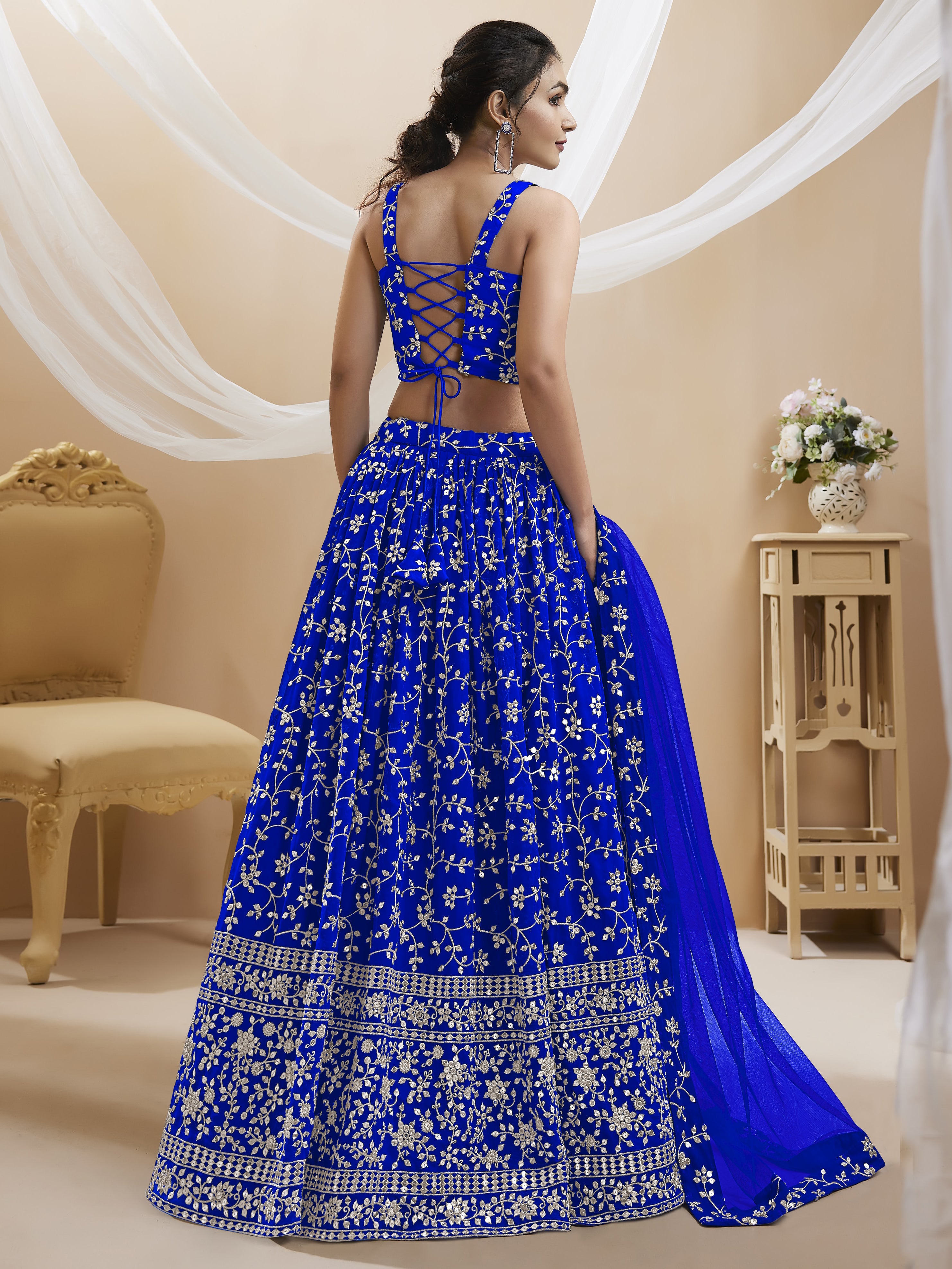 Blue Sequins Georgette Wedding Lehenga Choli Festive Collection
