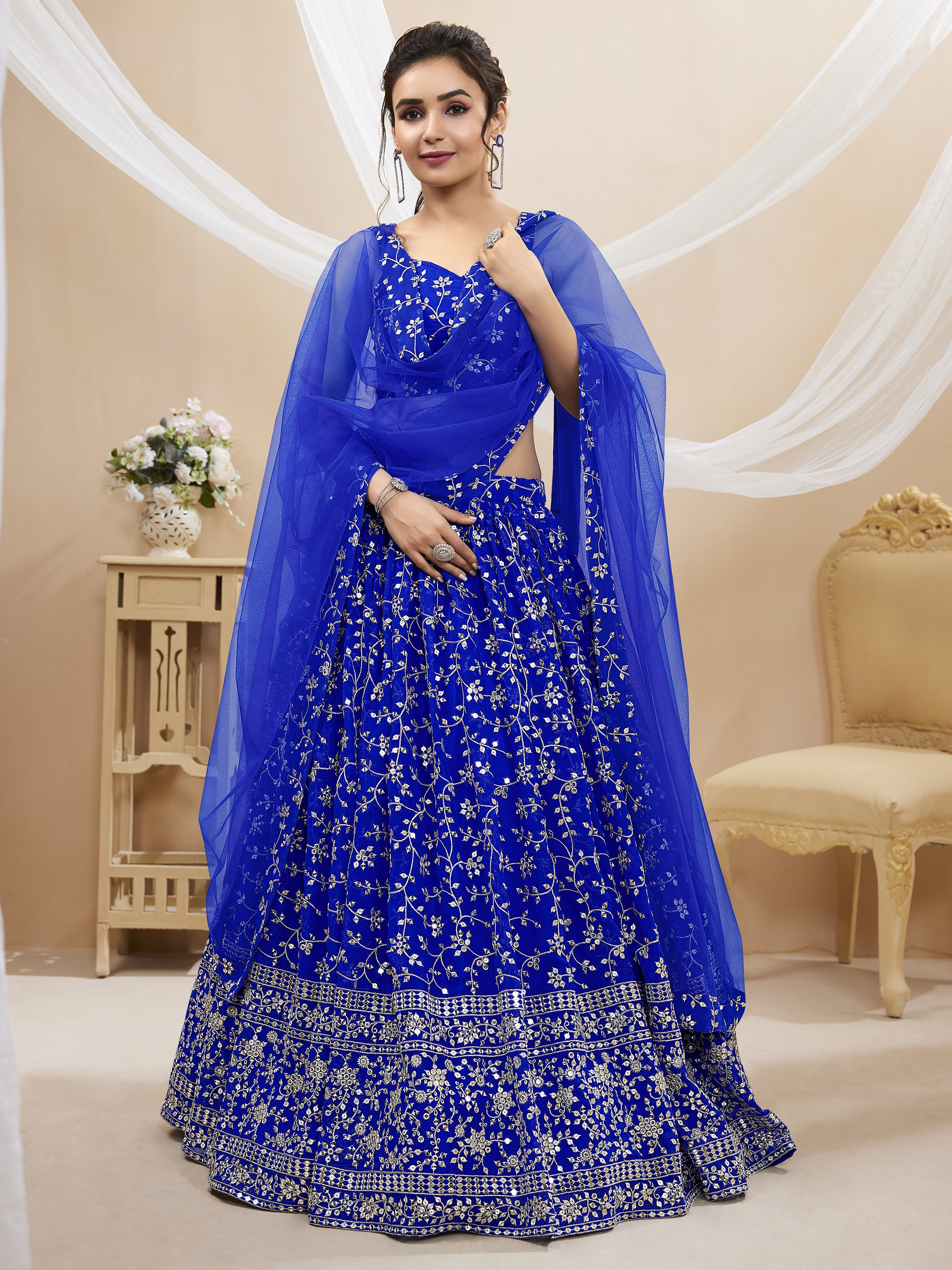 Blue Sequins Georgette Wedding Lehenga Choli Festive Collection