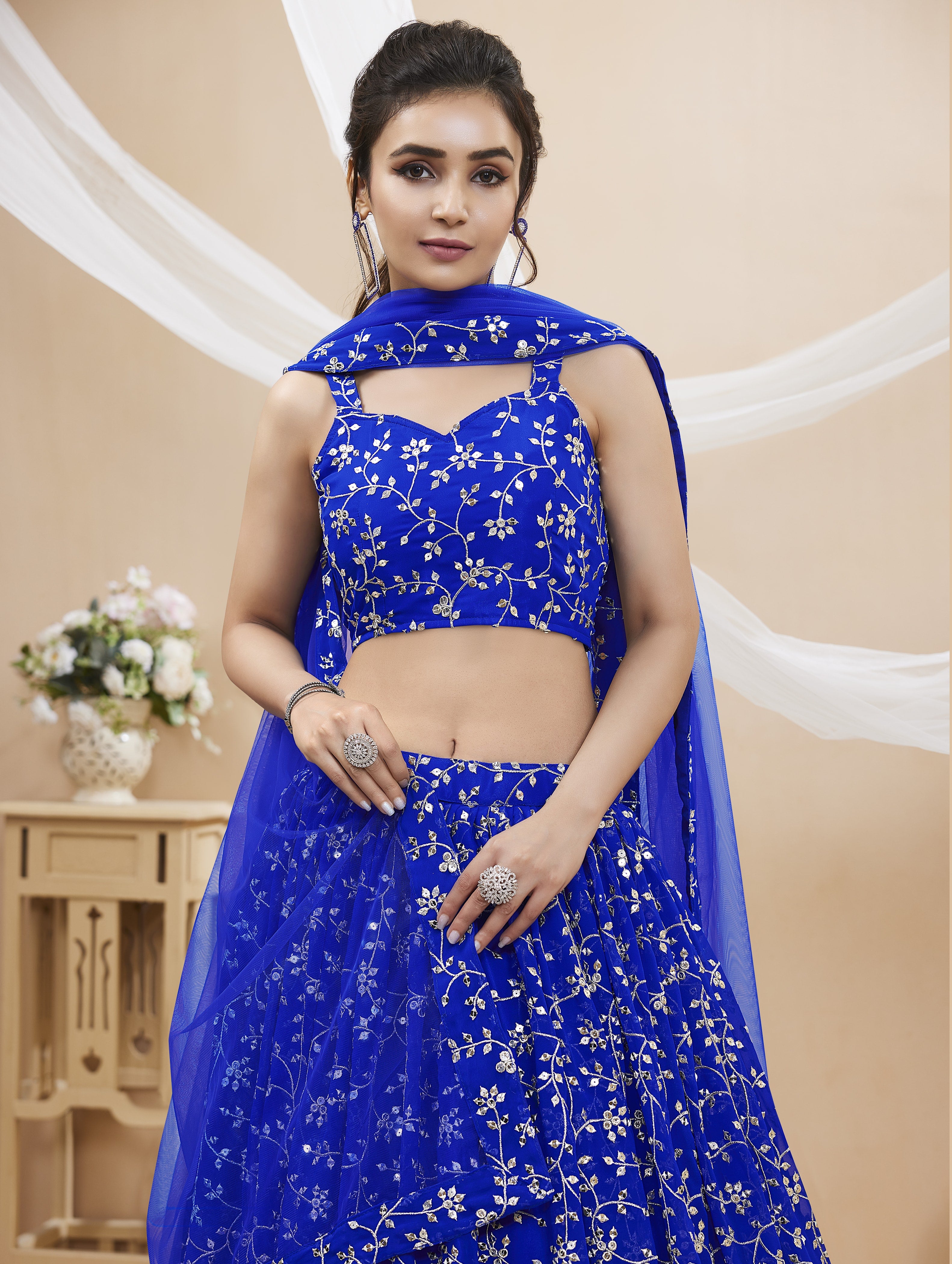Blue Sequins Georgette Wedding Lehenga Choli Festive Collection