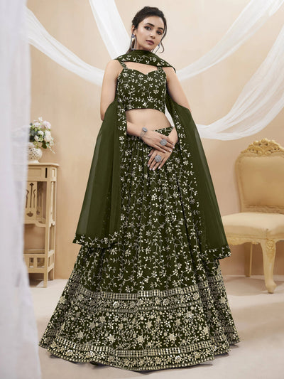 Green Embroidered Georgette Mehendi Lehenga Choli for Women