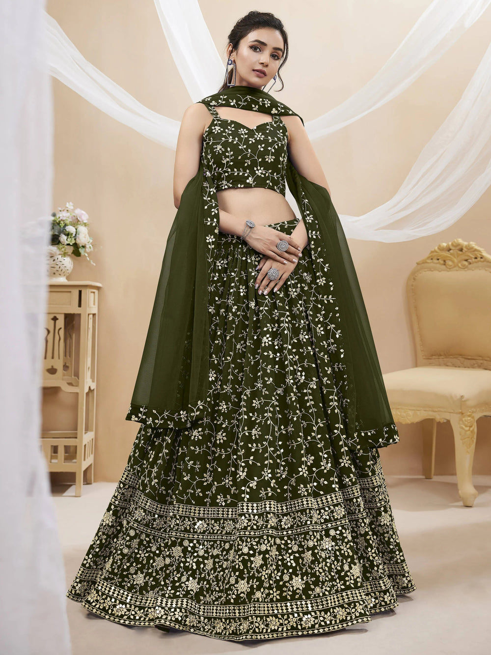 Green Embroidered Georgette Mehendi Lehenga Choli for Women