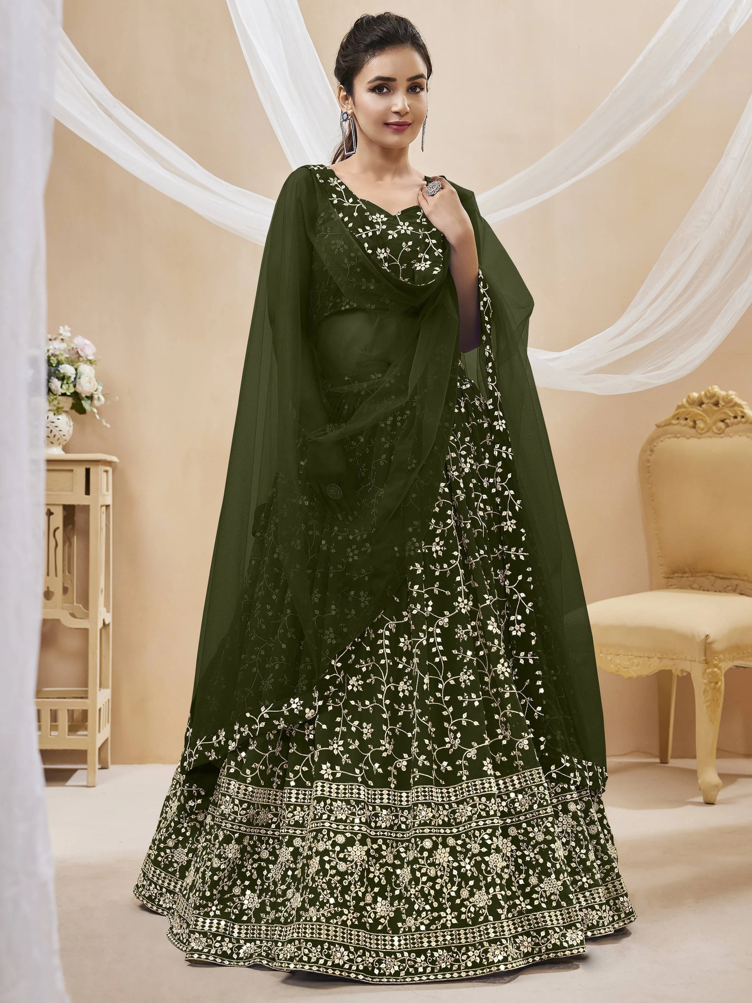 Green Embroidered Georgette Mehendi Lehenga Choli for Women