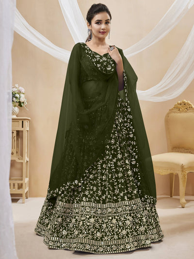 Green Embroidered Georgette Mehendi Lehenga Choli for Women