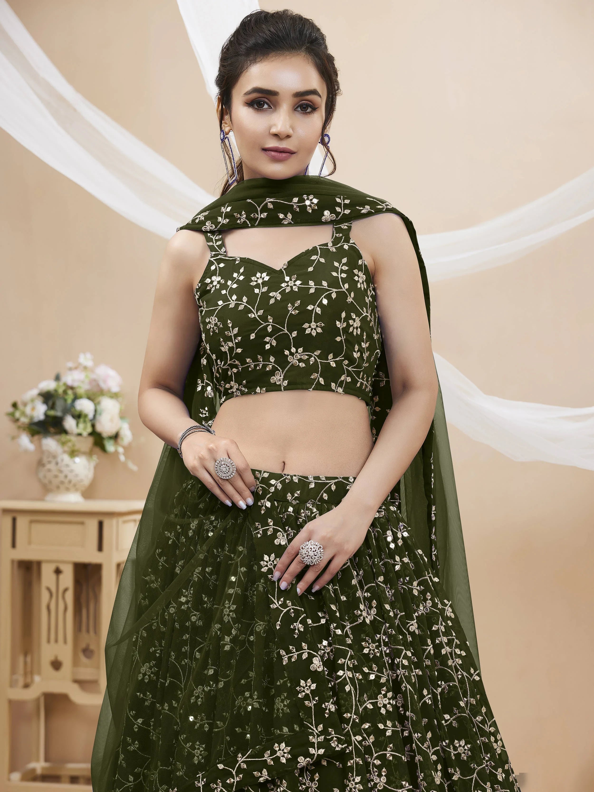 Green Embroidered Georgette Mehendi Lehenga Choli for Women