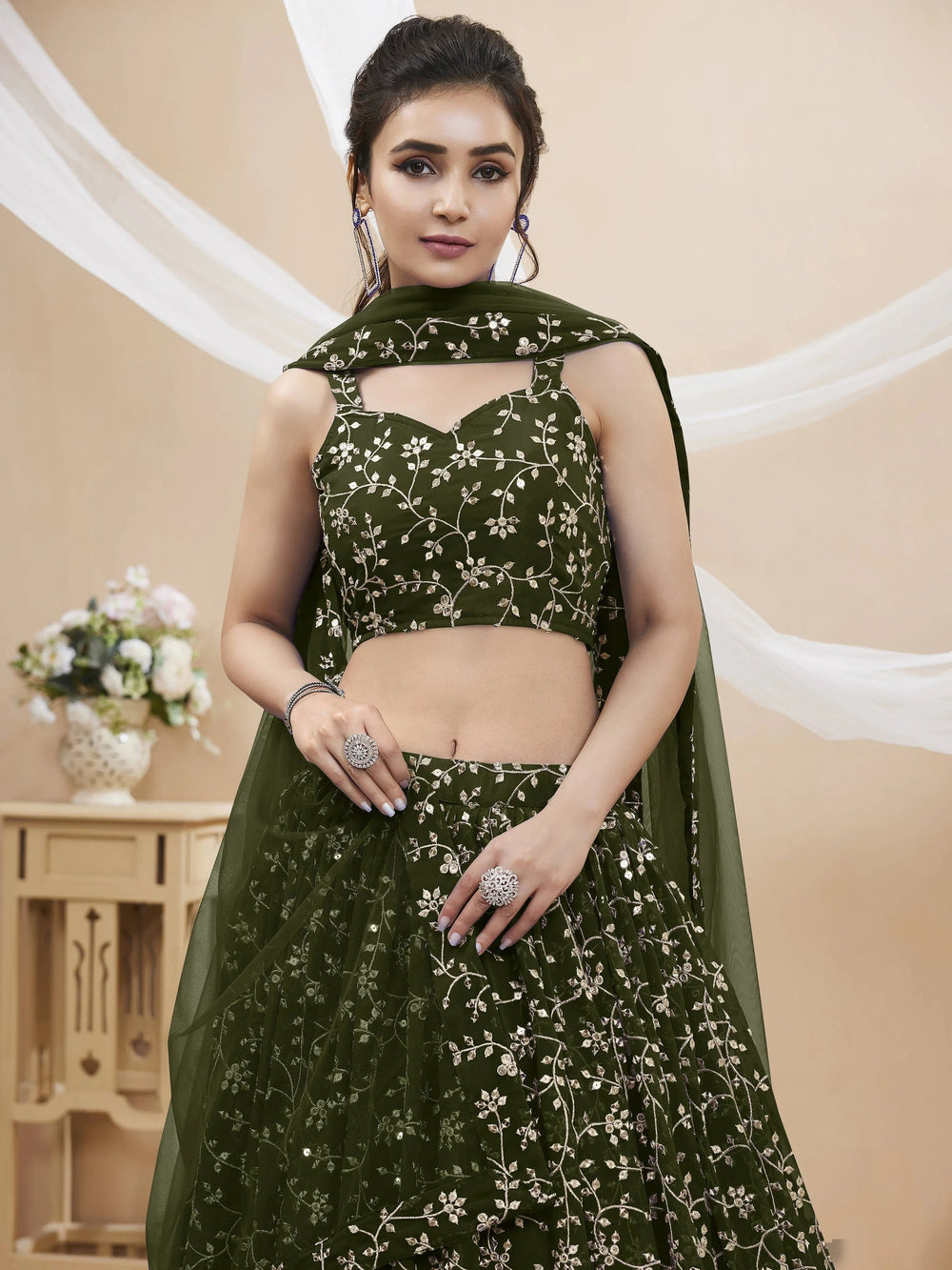 Green Embroidered Georgette Mehendi Lehenga Choli for Women