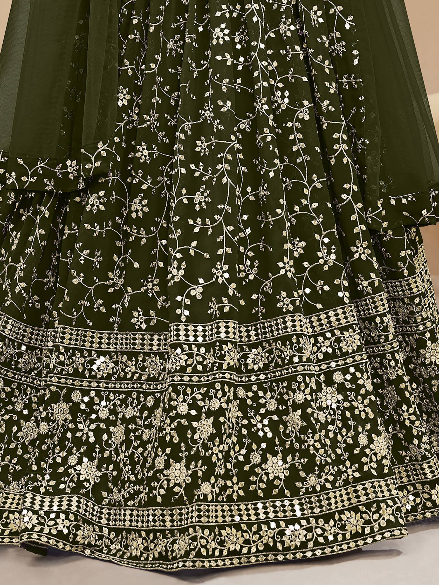 Green Embroidered Georgette Mehendi Lehenga Choli for Women