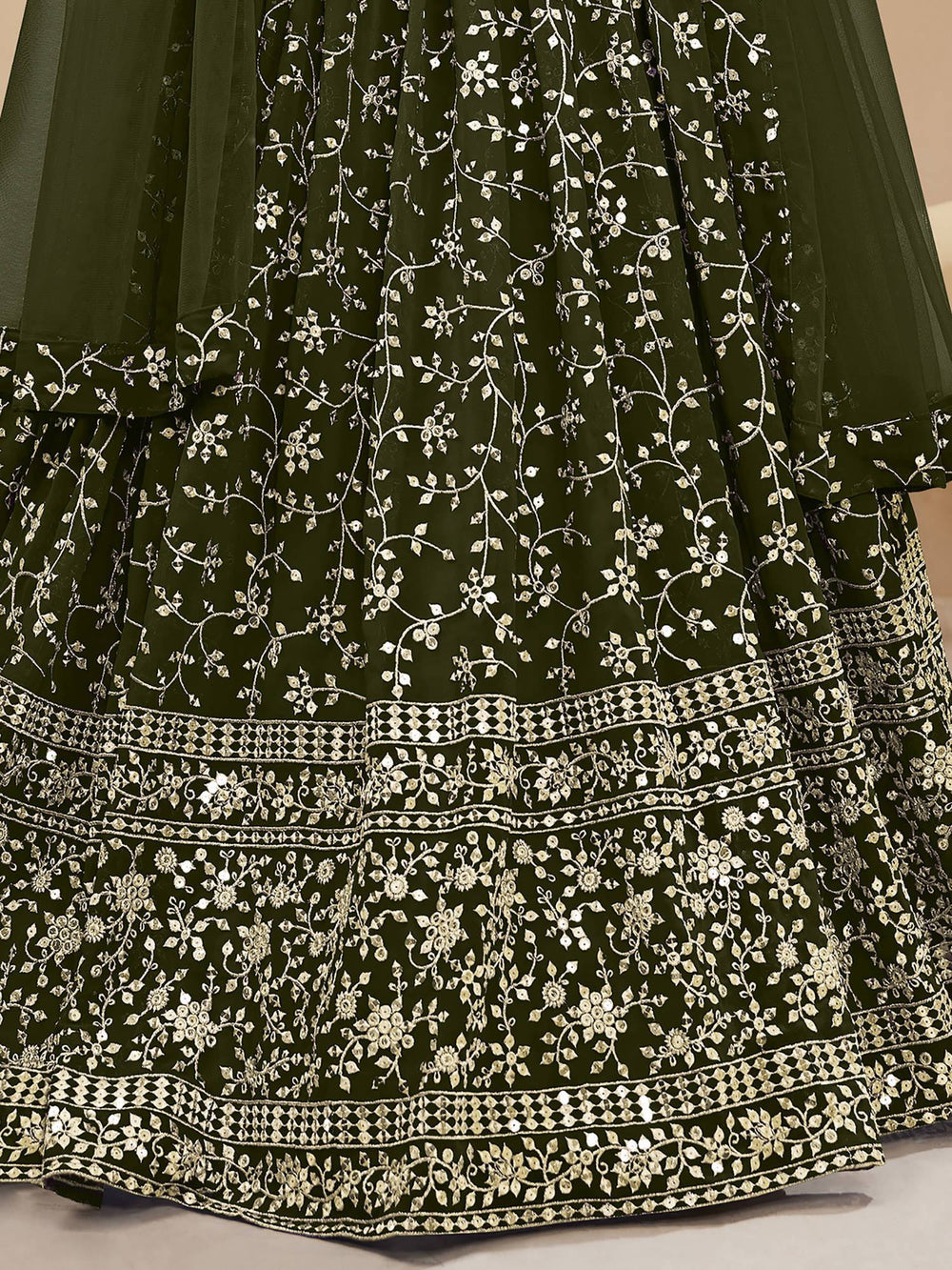 Green Embroidered Georgette Mehendi Lehenga Choli for Women