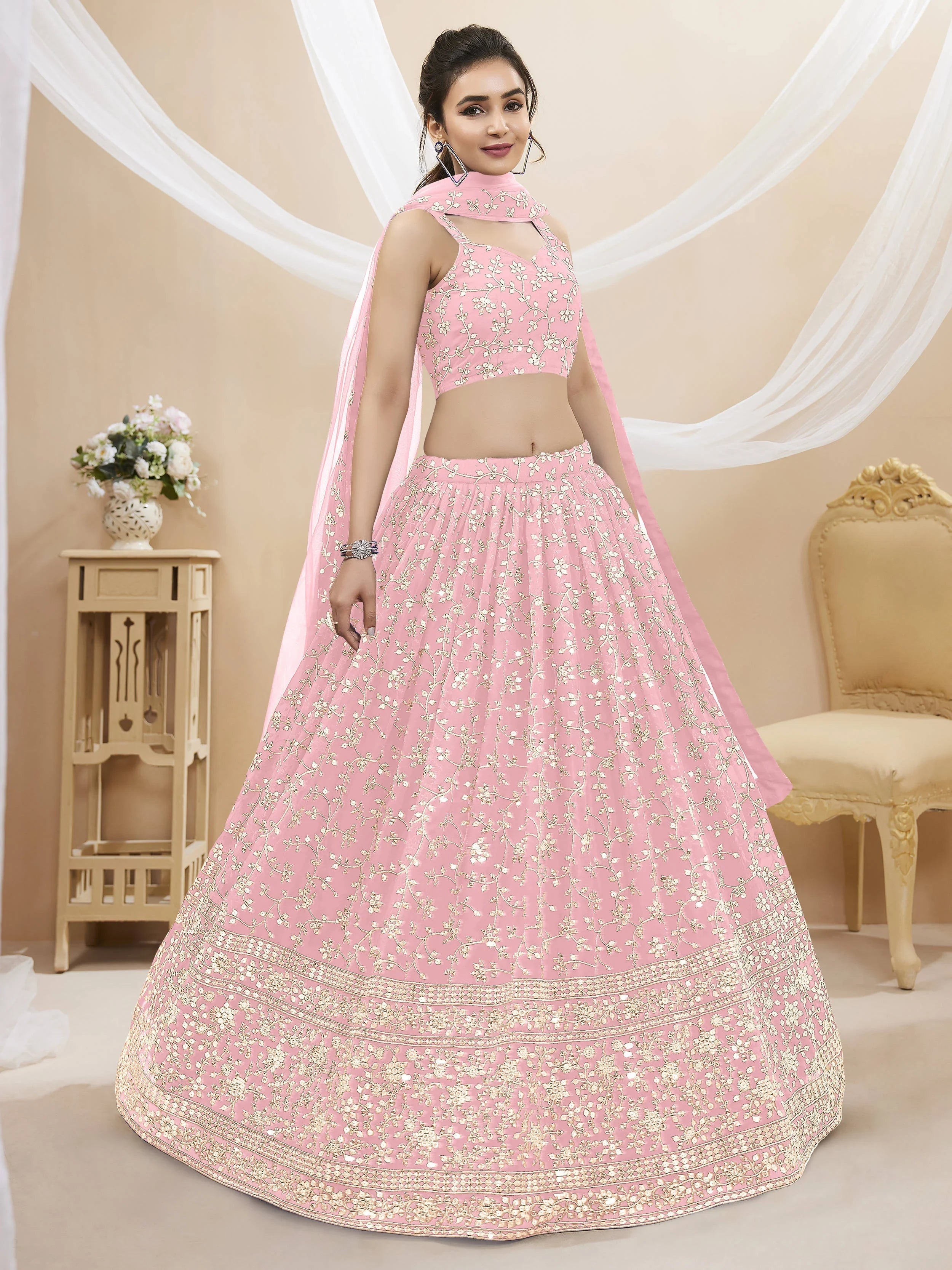 Light Pink Sequin Georgette Engagement Lehenga Choli for Women