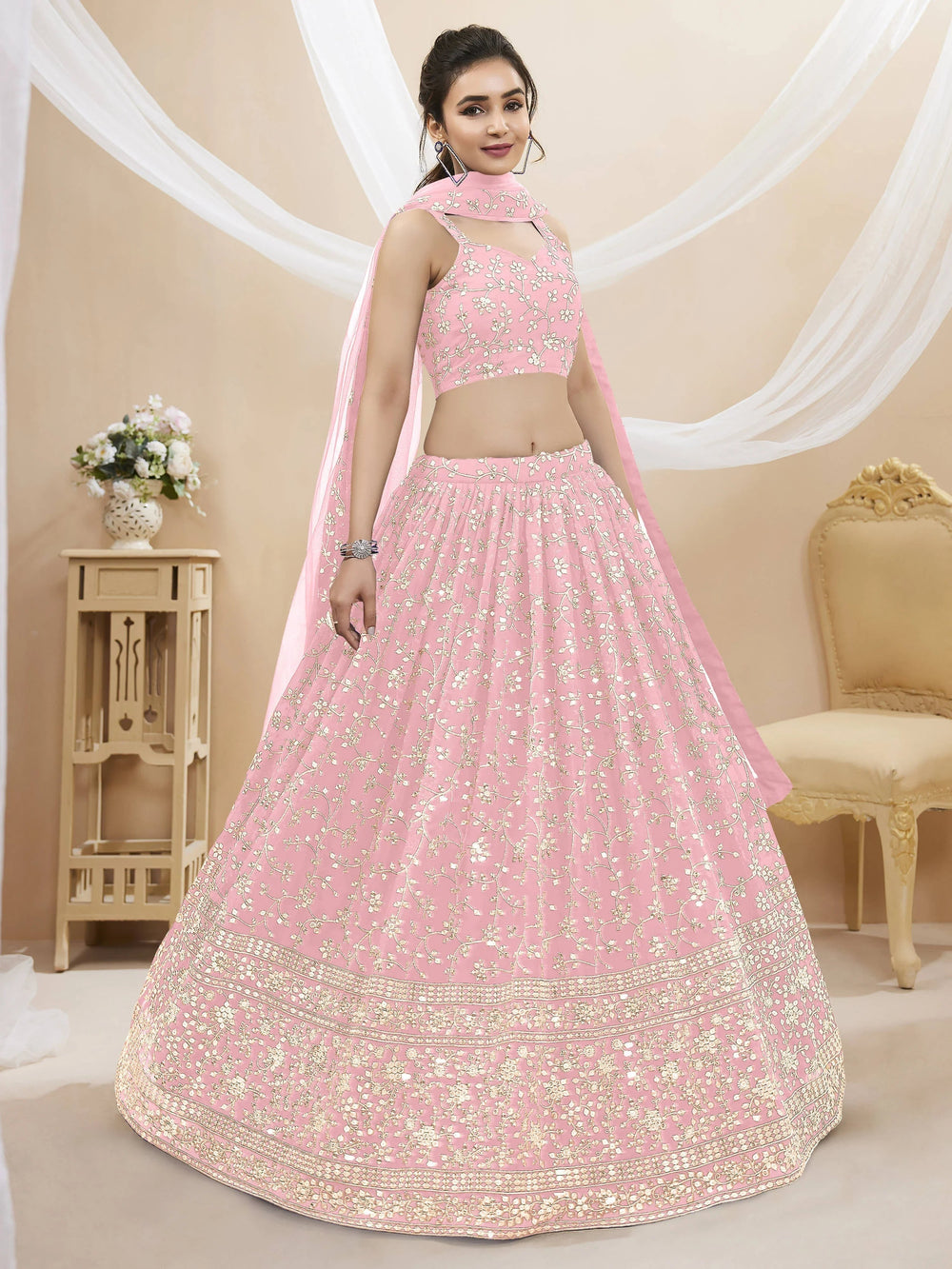 Light Pink Sequin Georgette Engagement Lehenga Choli for Women