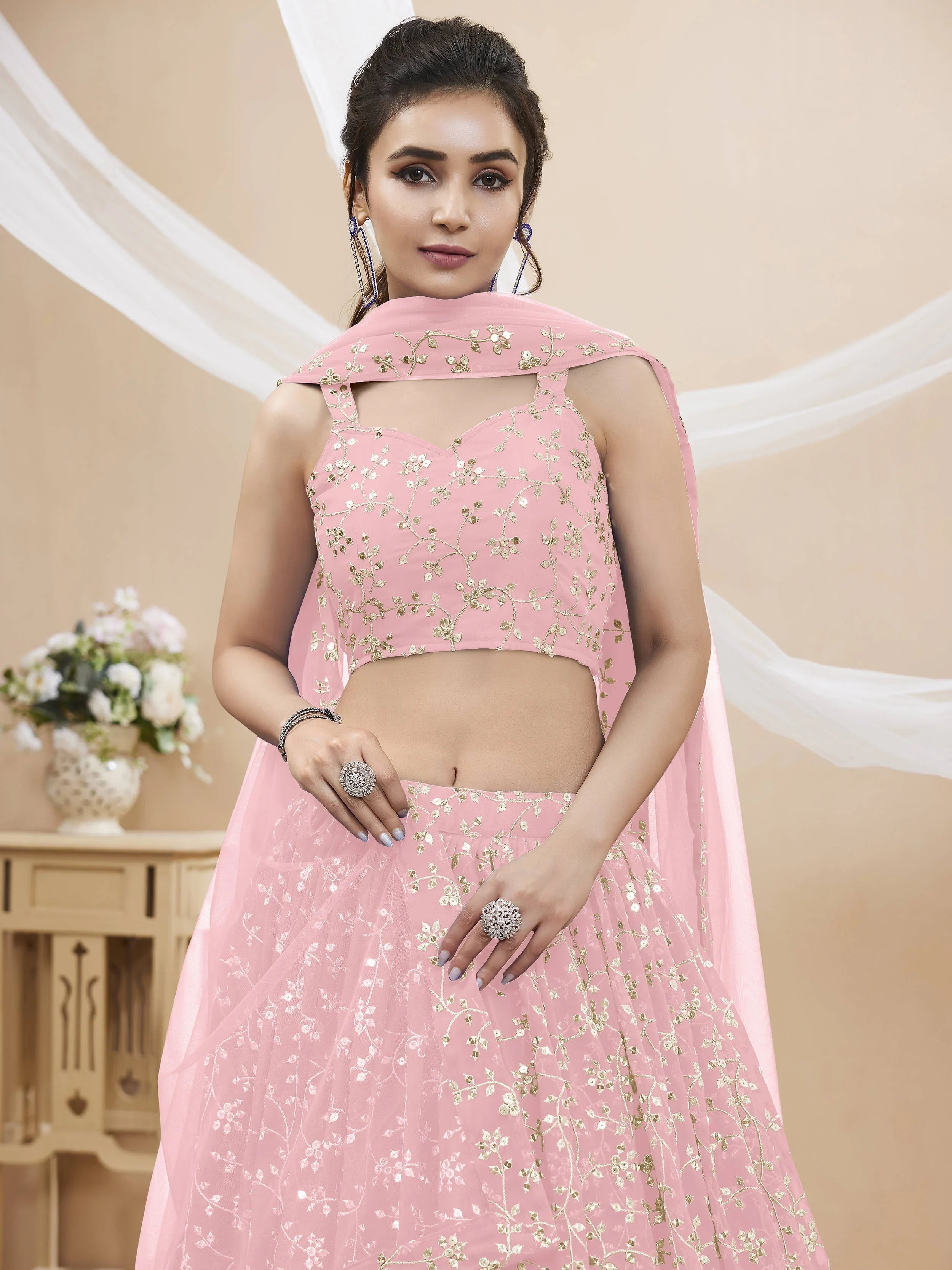 Light Pink Sequin Georgette Engagement Lehenga Choli for Women