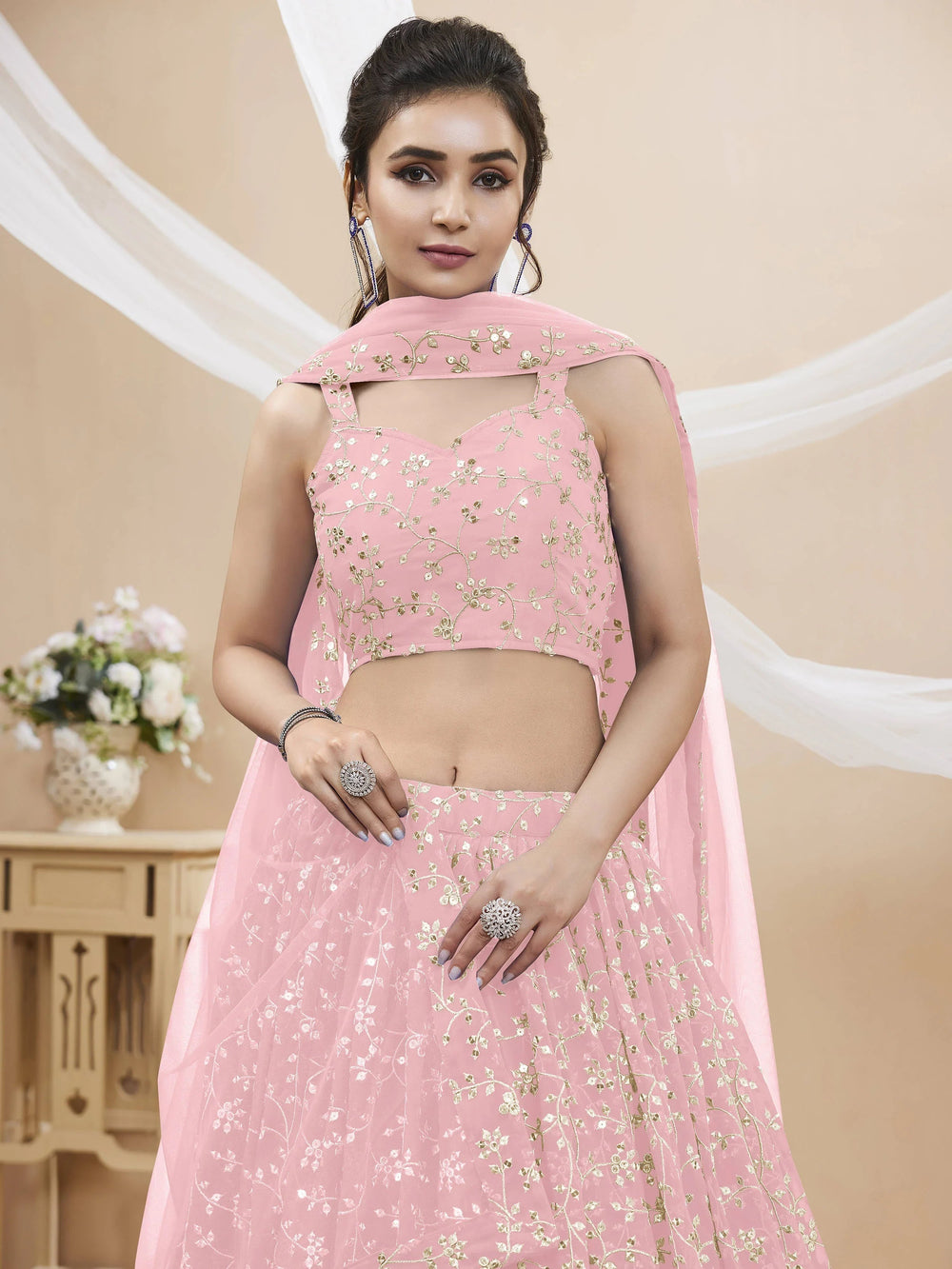 Light Pink Sequin Georgette Engagement Lehenga Choli for Women