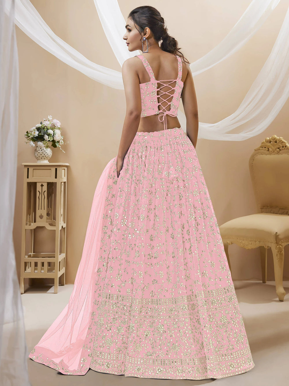 Light Pink Sequin Georgette Engagement Lehenga Choli for Women