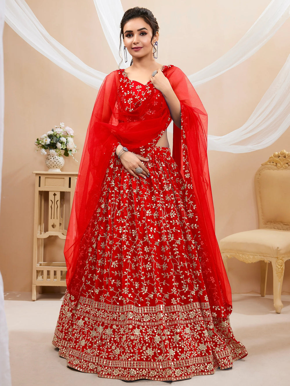 Red Embroidered Georgette Wedding Lehenga Choli for Ladies
