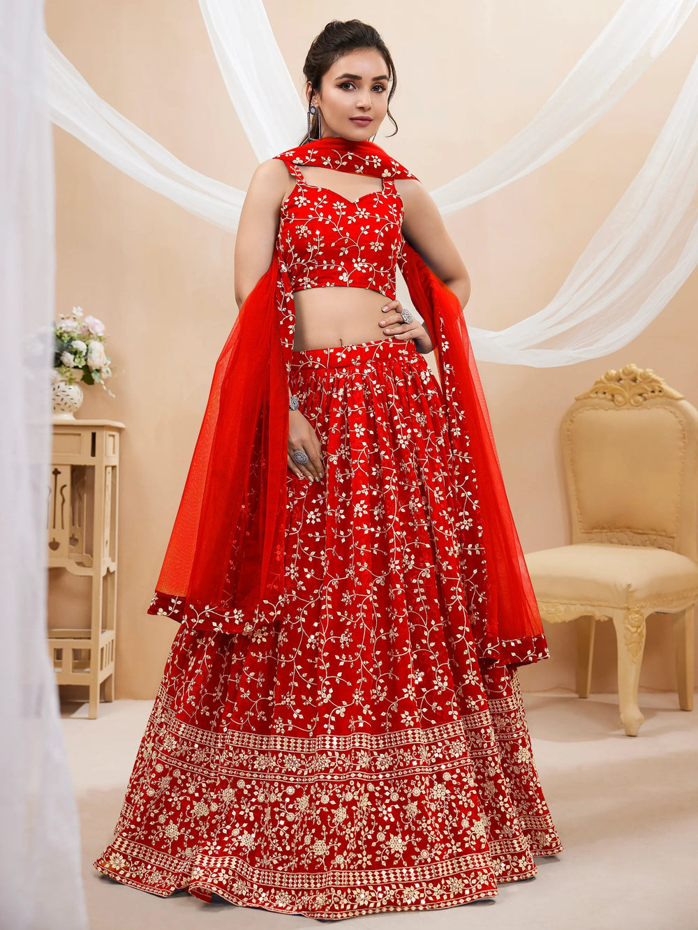 Red Embroidered Georgette Wedding Lehenga Choli for Ladies