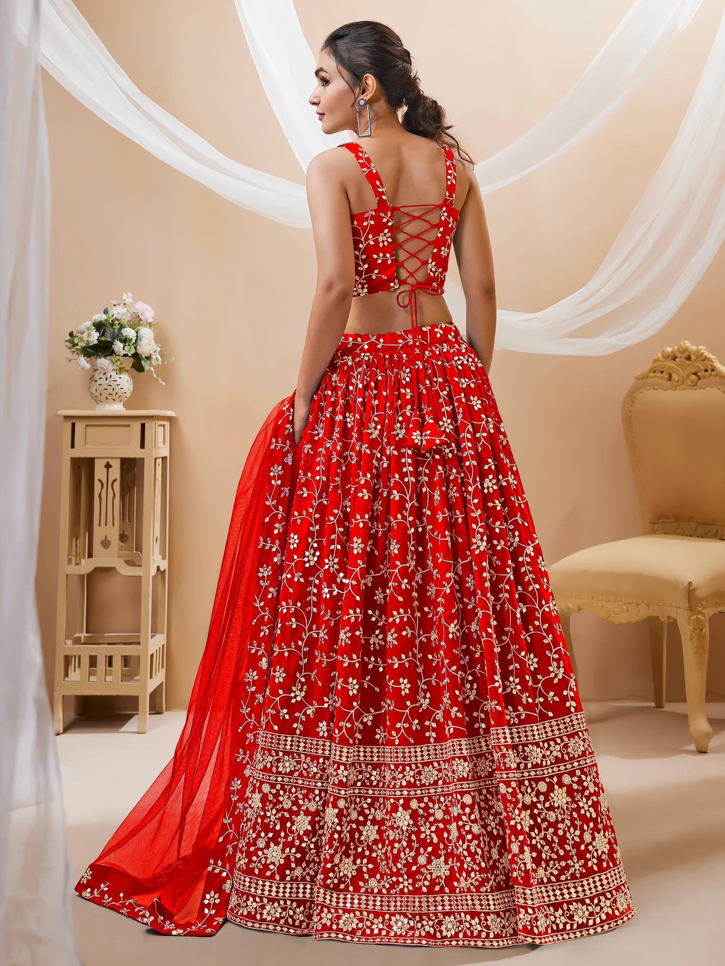Red Embroidered Georgette Wedding Lehenga Choli for Ladies