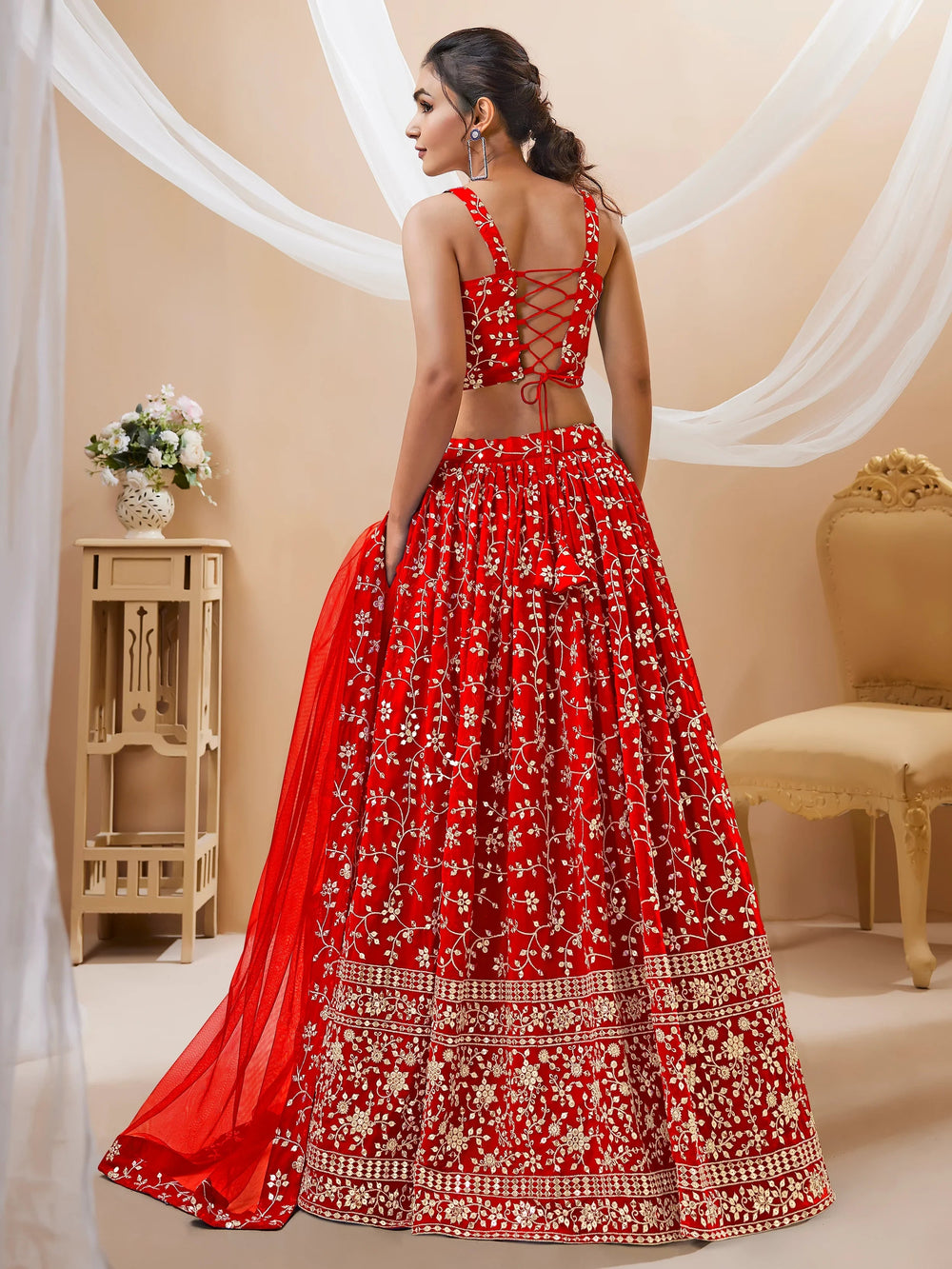 Red Embroidered Georgette Wedding Lehenga Choli for Ladies