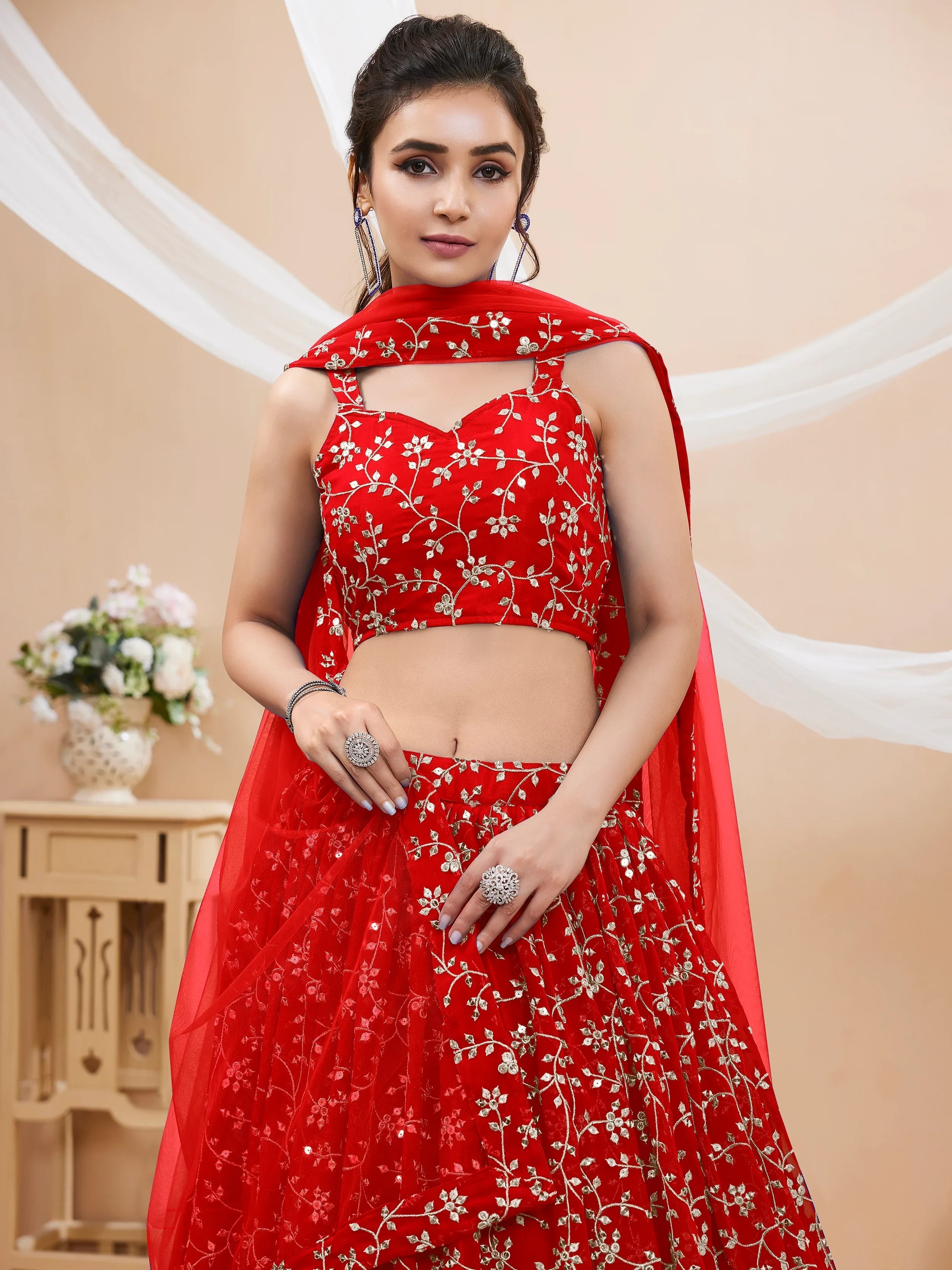 Red Embroidered Georgette Wedding Lehenga Choli for Ladies