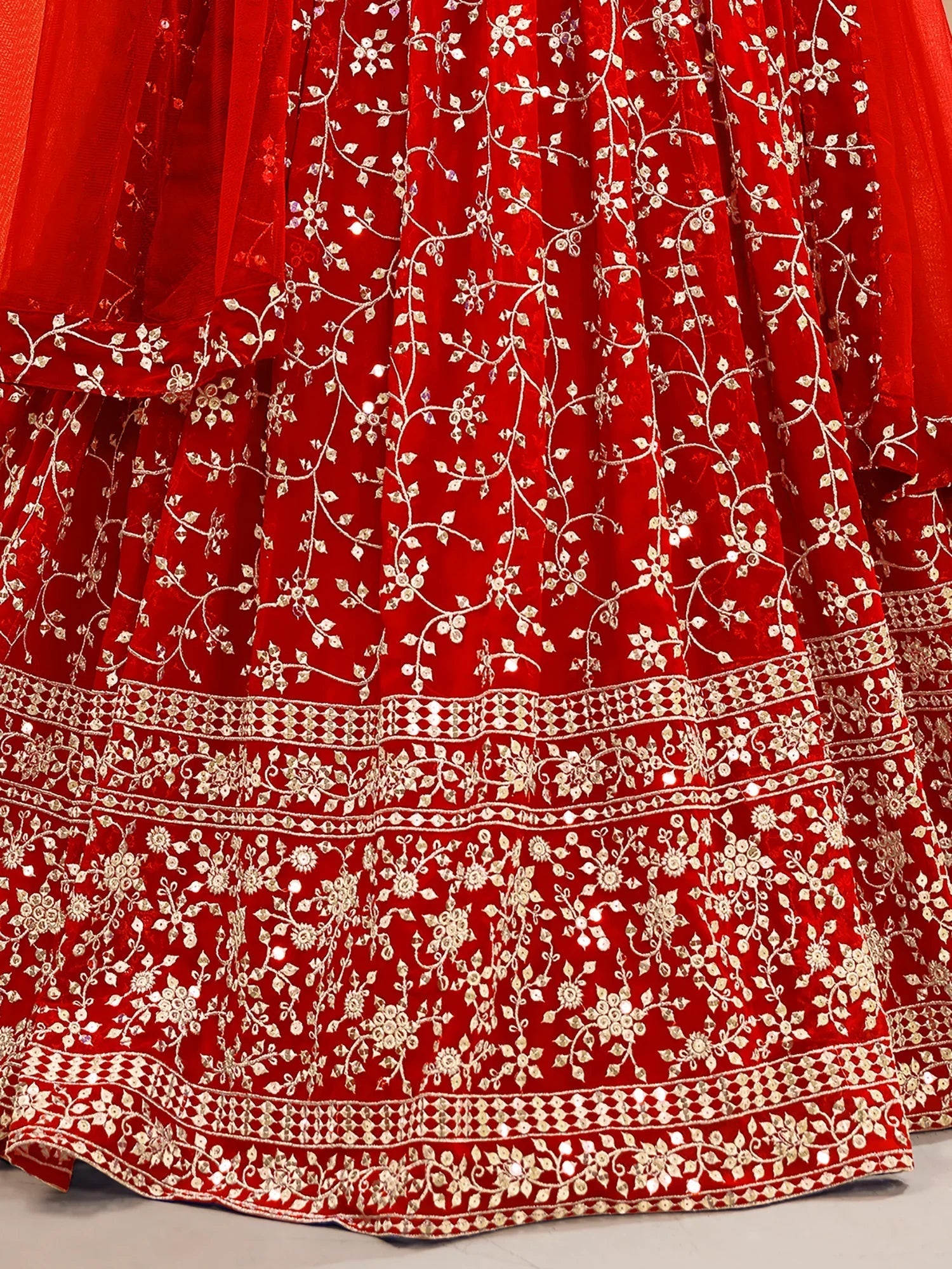 Red Embroidered Georgette Wedding Lehenga Choli for Ladies