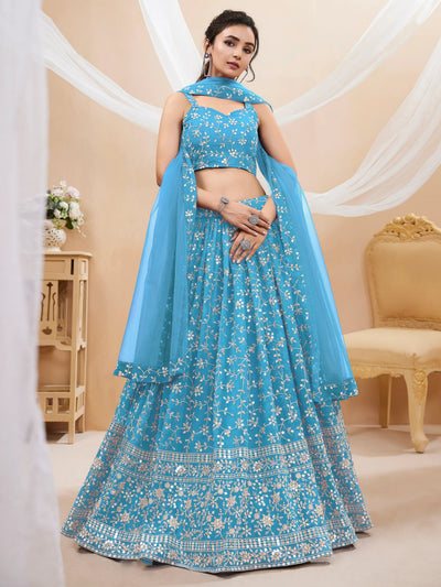 Sky Blue Embroidered Georgette Reception Lehenga Choli Occasion Wear