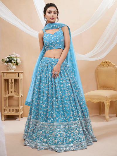 Sky Blue Embroidered Georgette Reception Lehenga Choli Occasion Wear
