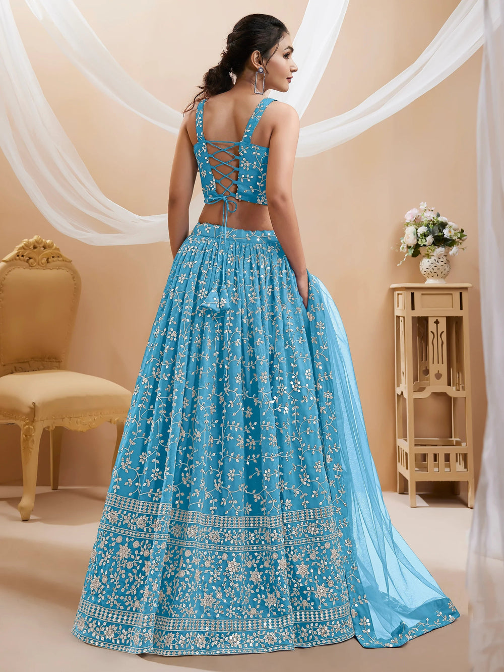 Sky Blue Embroidered Georgette Reception Lehenga Choli Occasion Wear