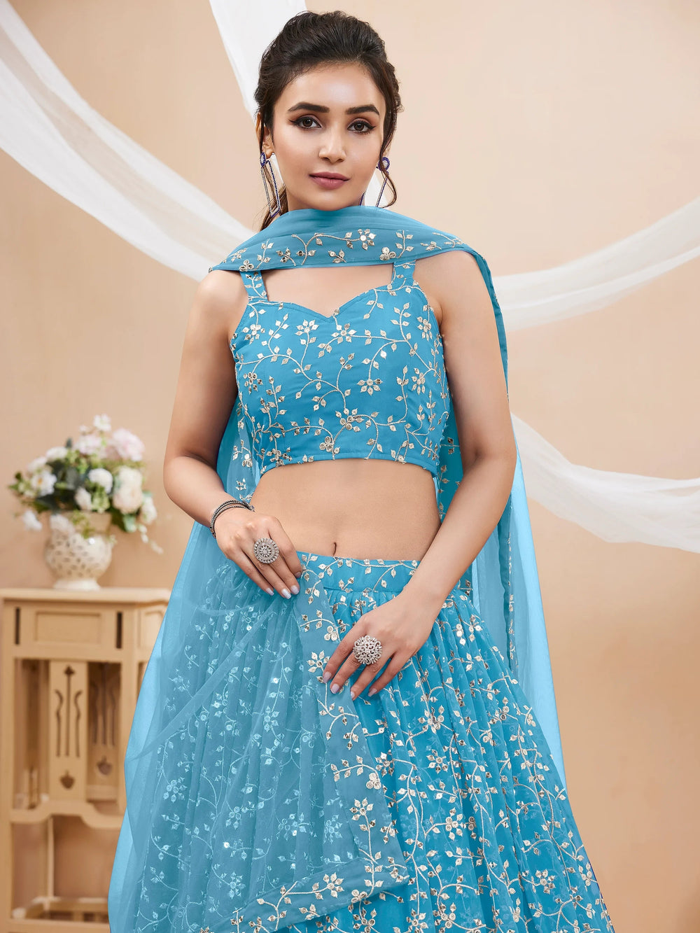 Sky Blue Embroidered Georgette Reception Lehenga Choli Occasion Wear