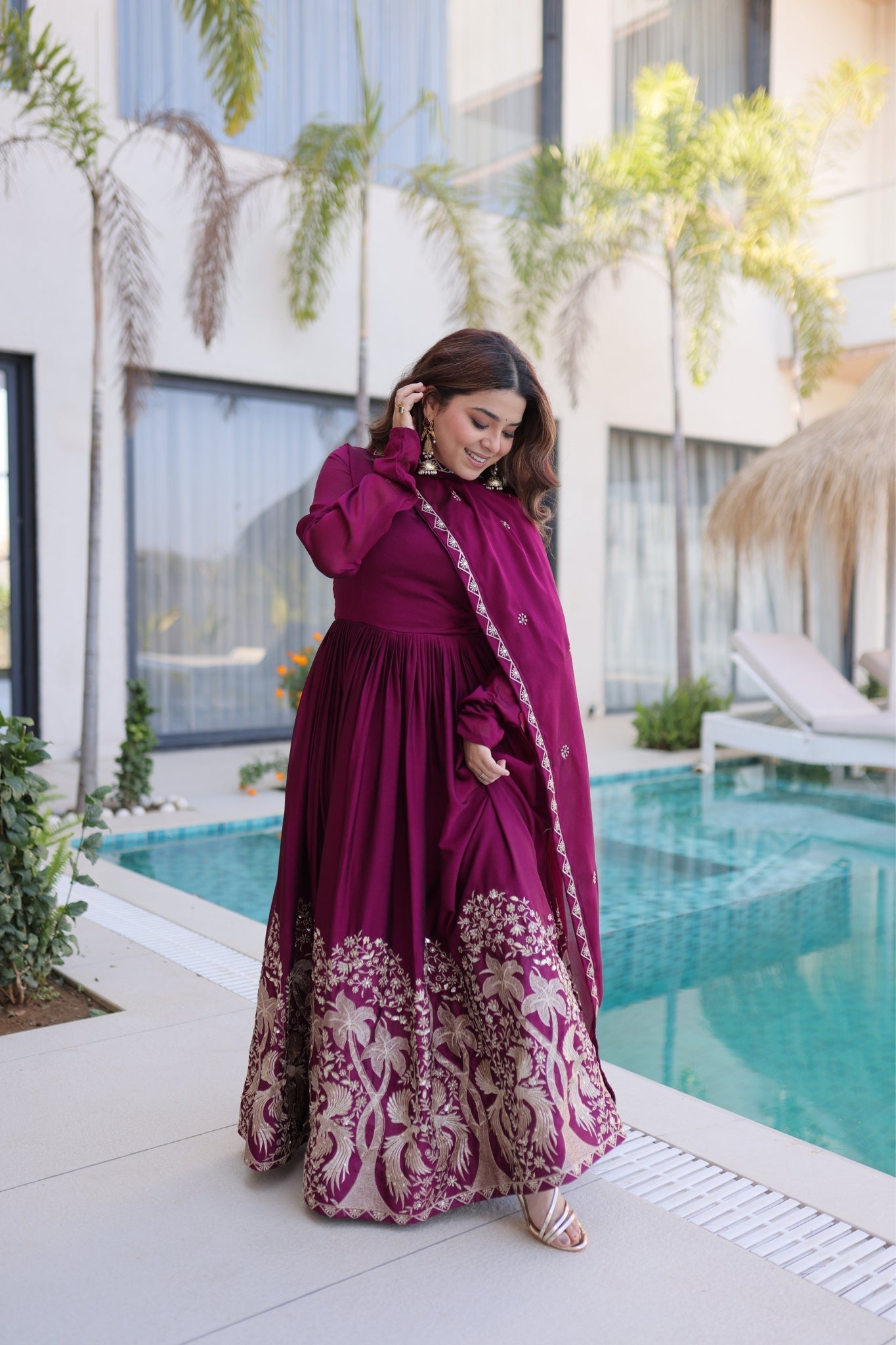 Wine Rangoli Crush Sequins Multi Embroidery Anarkali Suit for Women