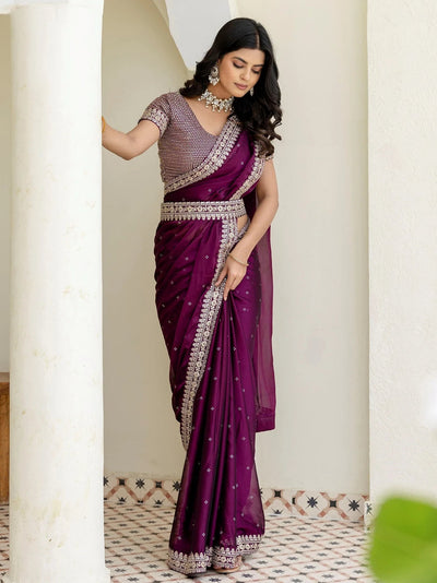 Wine Silk Sequins Work Reception Wear Saree With Blouse