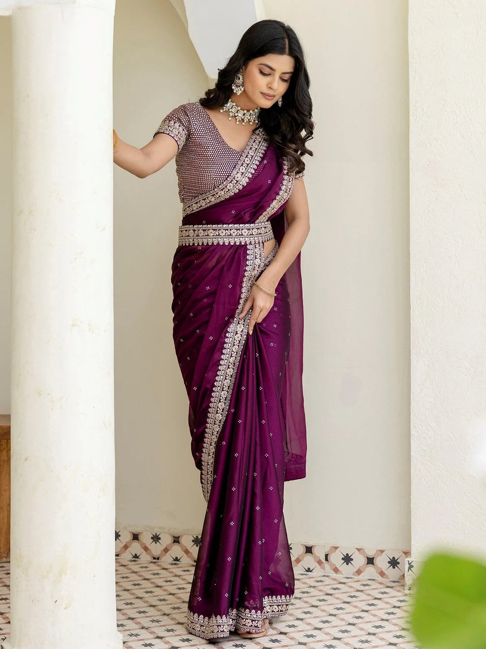 Wine Silk Sequins Work Reception Wear Saree With Blouse
