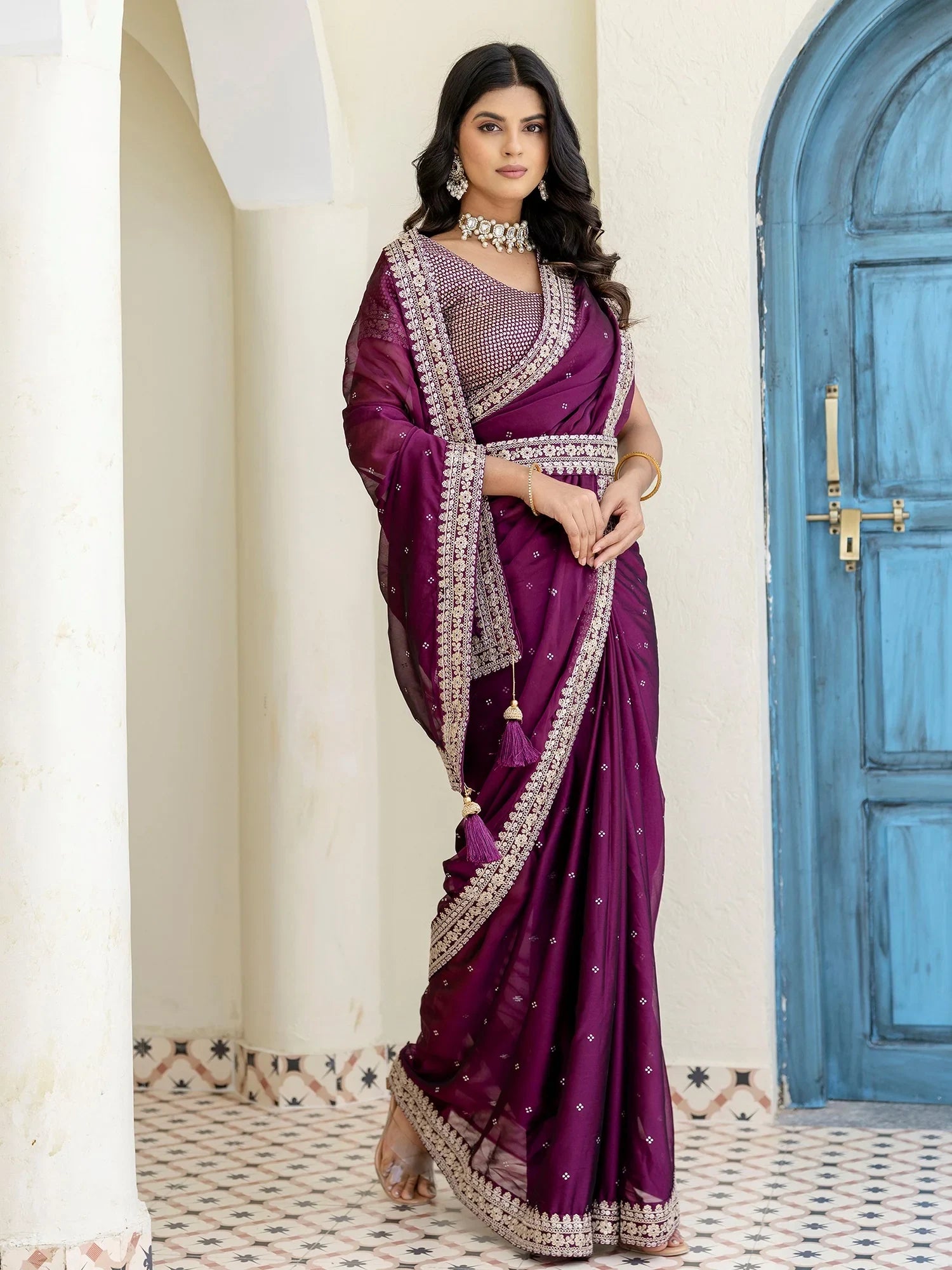 Wine Silk Sequins Work Reception Wear Saree With Blouse