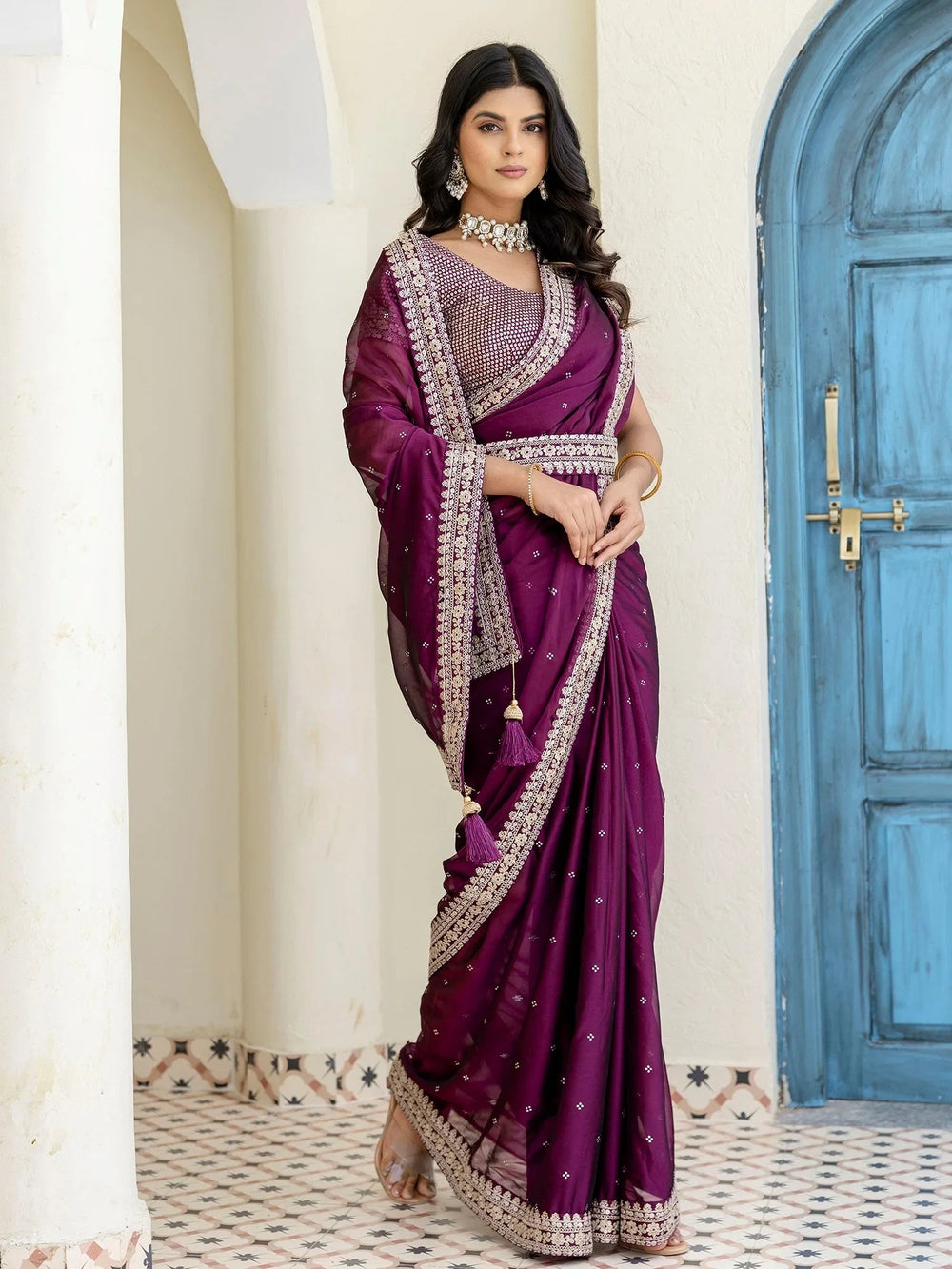 Wine Silk Sequins Work Reception Wear Saree With Blouse