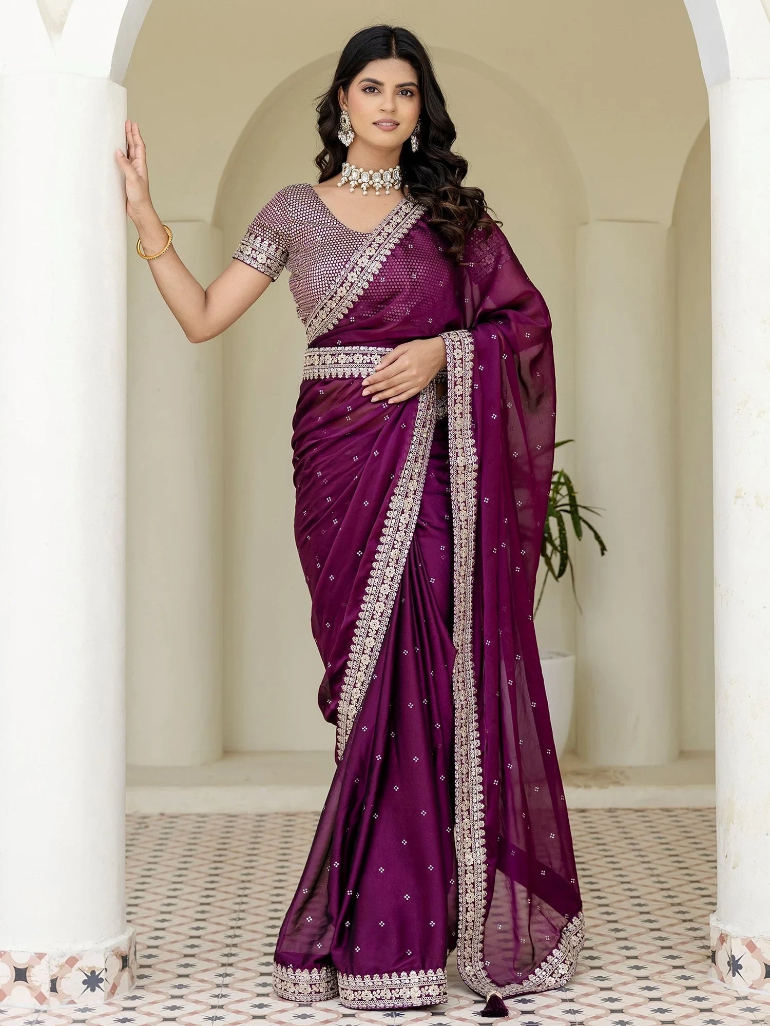 Wine Silk Sequins Work Reception Wear Saree With Blouse