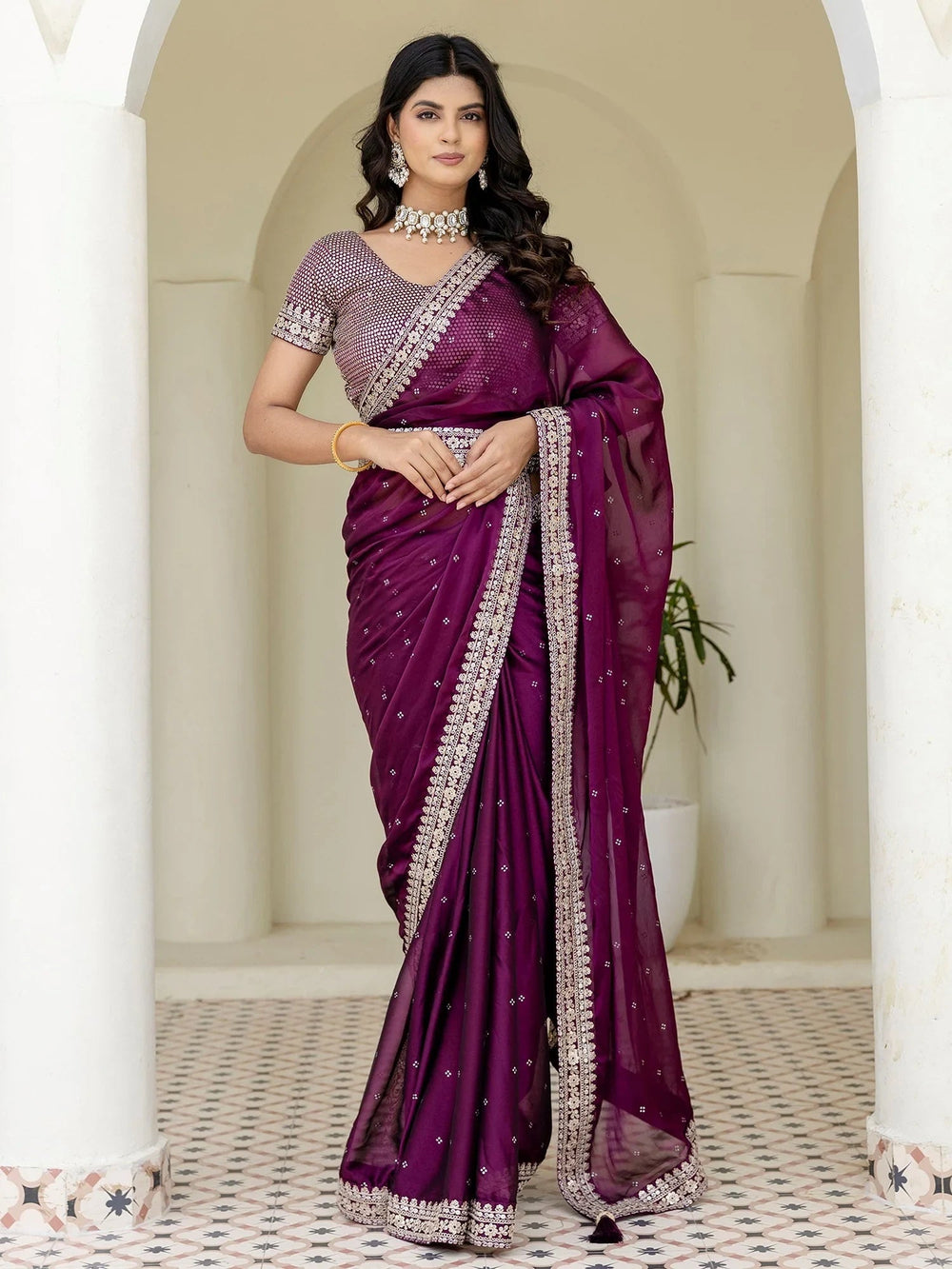 Wine Silk Sequins Work Reception Wear Saree With Blouse