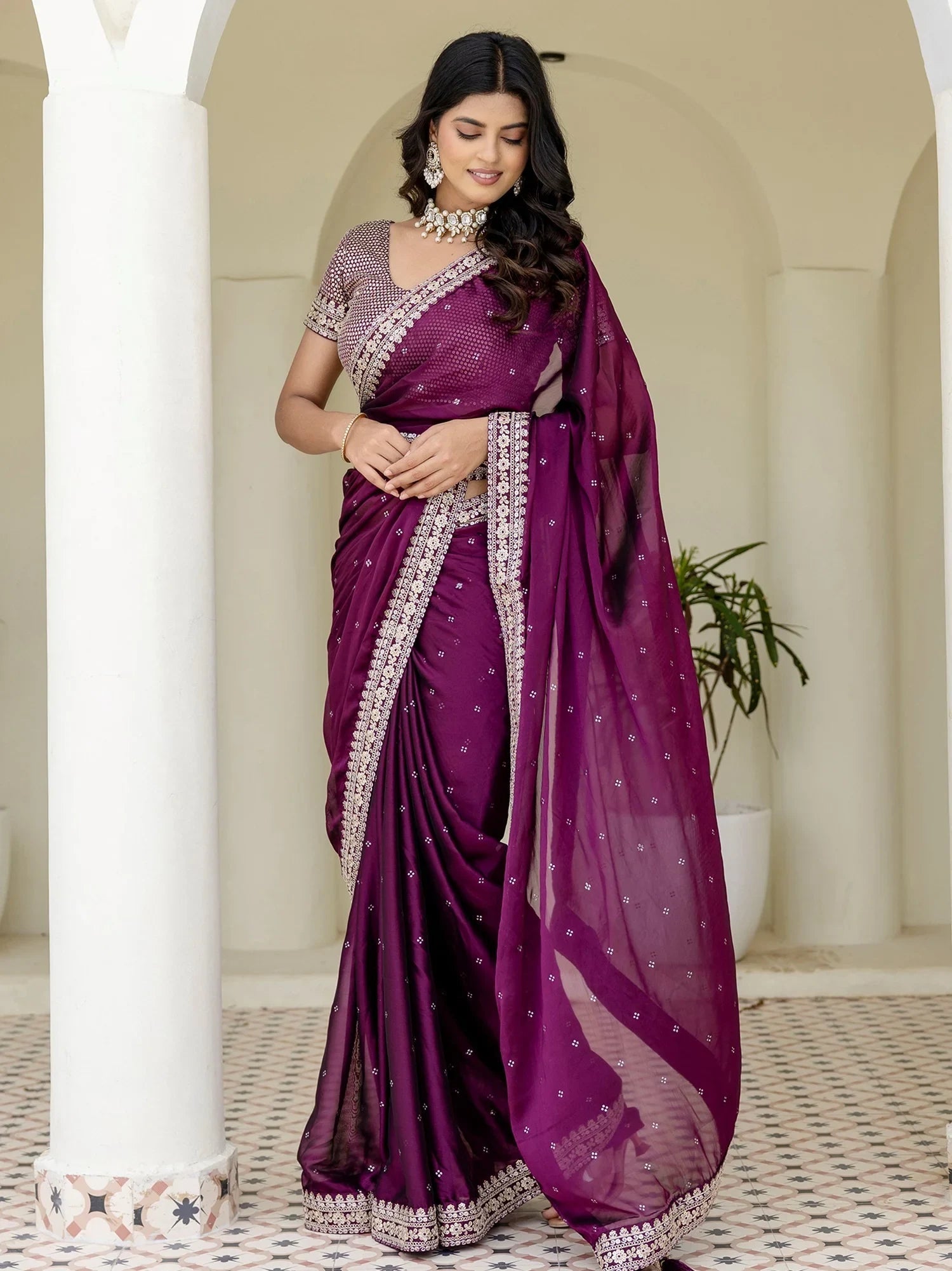 Wine Silk Sequins Work Reception Wear Saree With Blouse