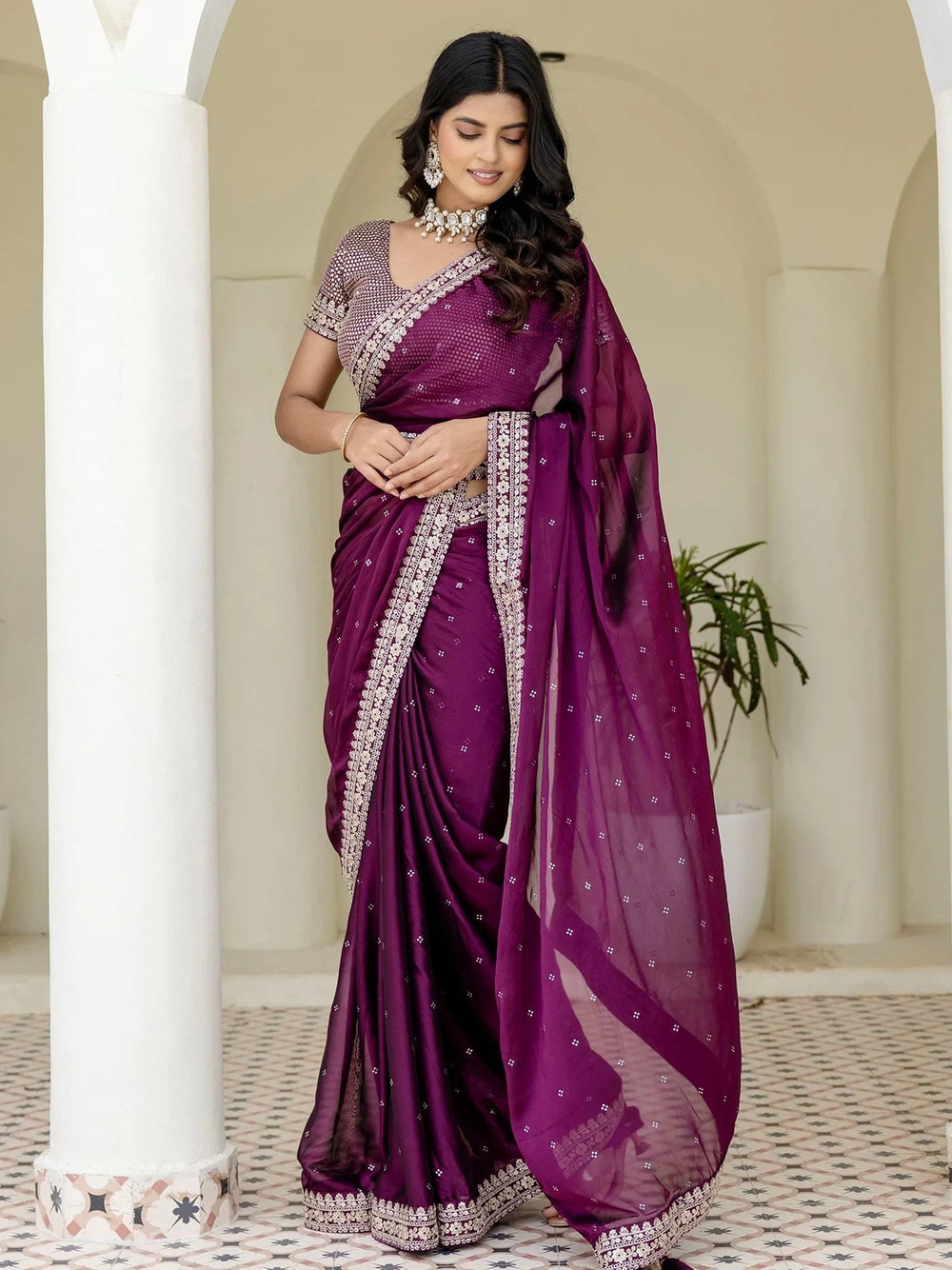 Wine Silk Sequins Work Reception Wear Saree With Blouse