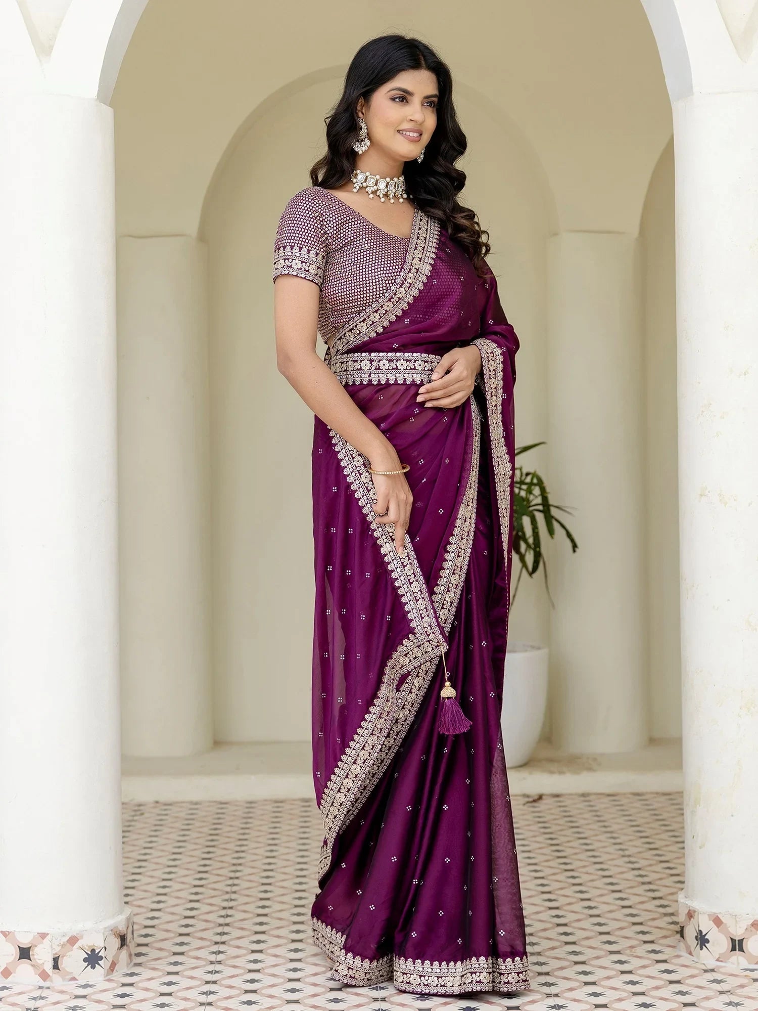 Wine Silk Sequins Work Reception Wear Saree With Blouse