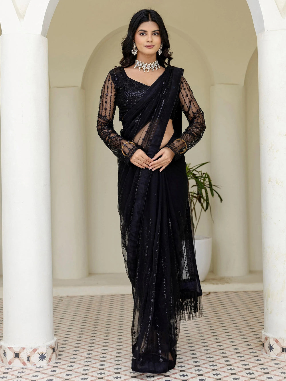 Stylish Black Net Sequins Embroidered Party Wear Saree With Blouse