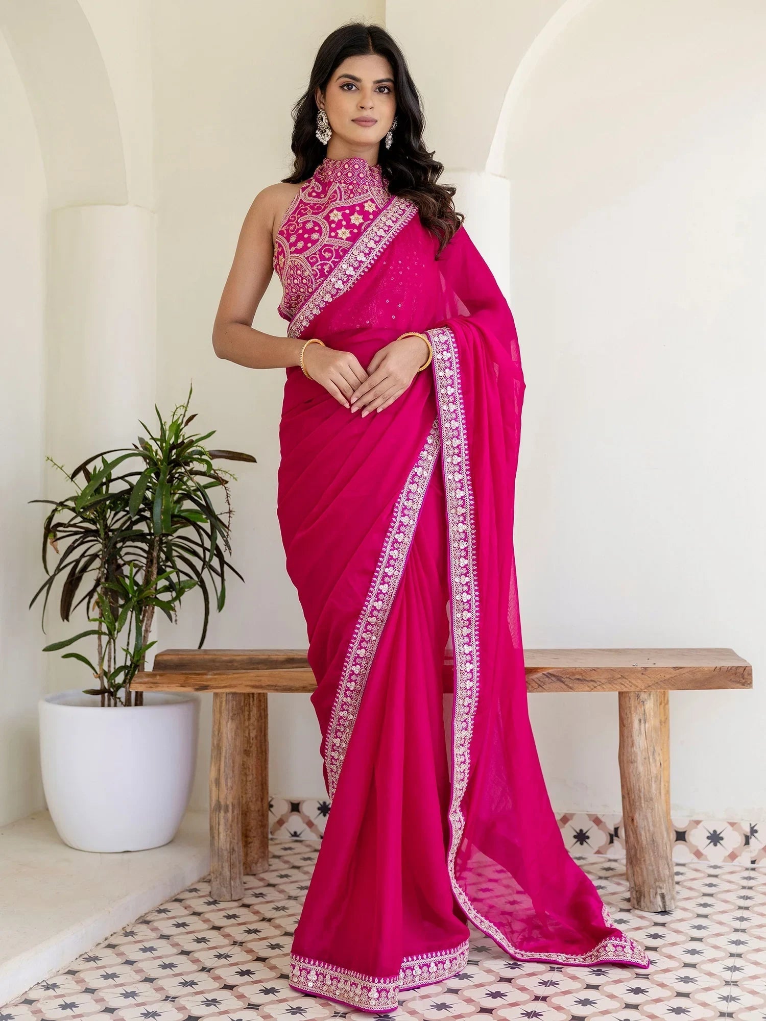 Rani Pink Silk Sequins Embroidered Party Wear Saree