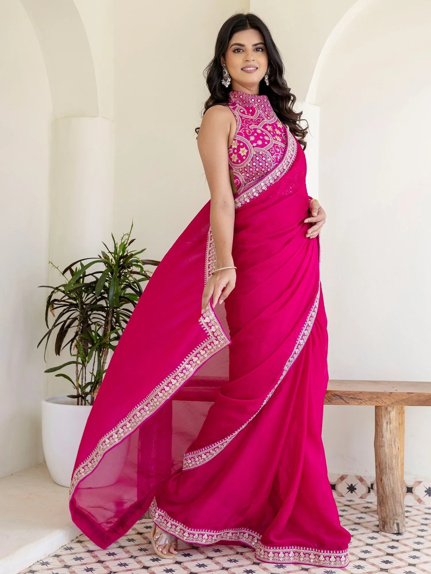 Rani Pink Silk Sequins Embroidered Party Wear Saree