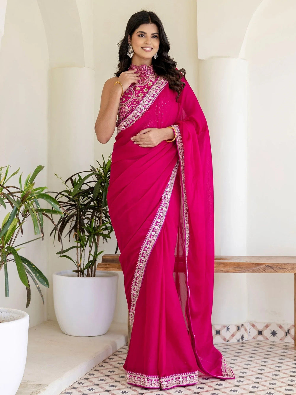 Rani Pink Silk Sequins Embroidered Party Wear Saree